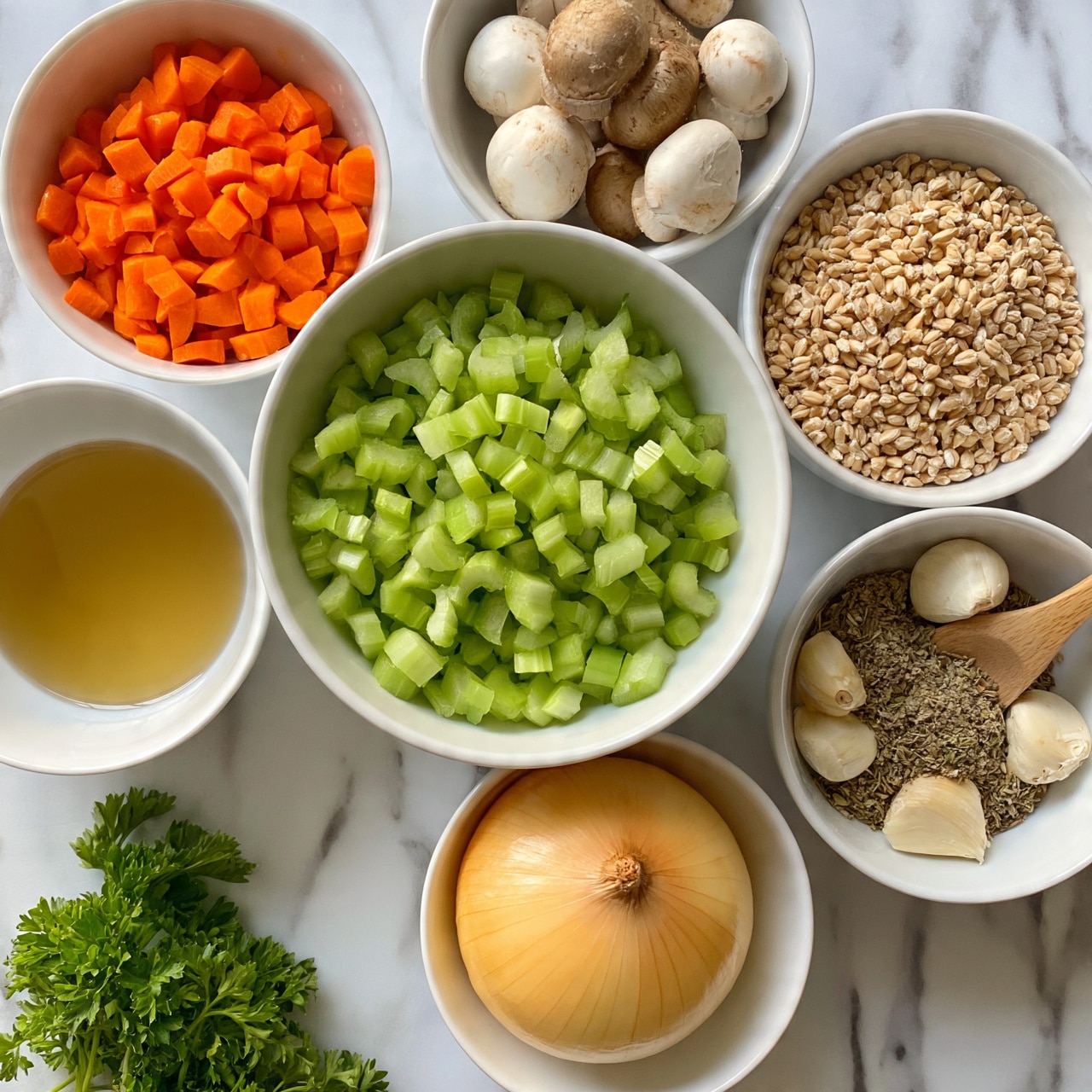 square image The image shows a top view of eight white bowls arranged on a white marbled surface. The largest bowl in the center holds bright green diced celery pieces. Around it are bowls filled with various ingredients: one has orange chopped carrots, another with beige uncooked barley grains, a bowl full of whole white and brown mushrooms, one with a yellow onion, and another containing garlic bulbs. Additionally, a bowl has dried herbs with a small wooden spoon on top, and the last bowl holds a golden liquid. Fresh green parsley is placed near the bottom left corner of the setup, adding color contrast. photo taken with an iphone --ar 4:5 --v 7