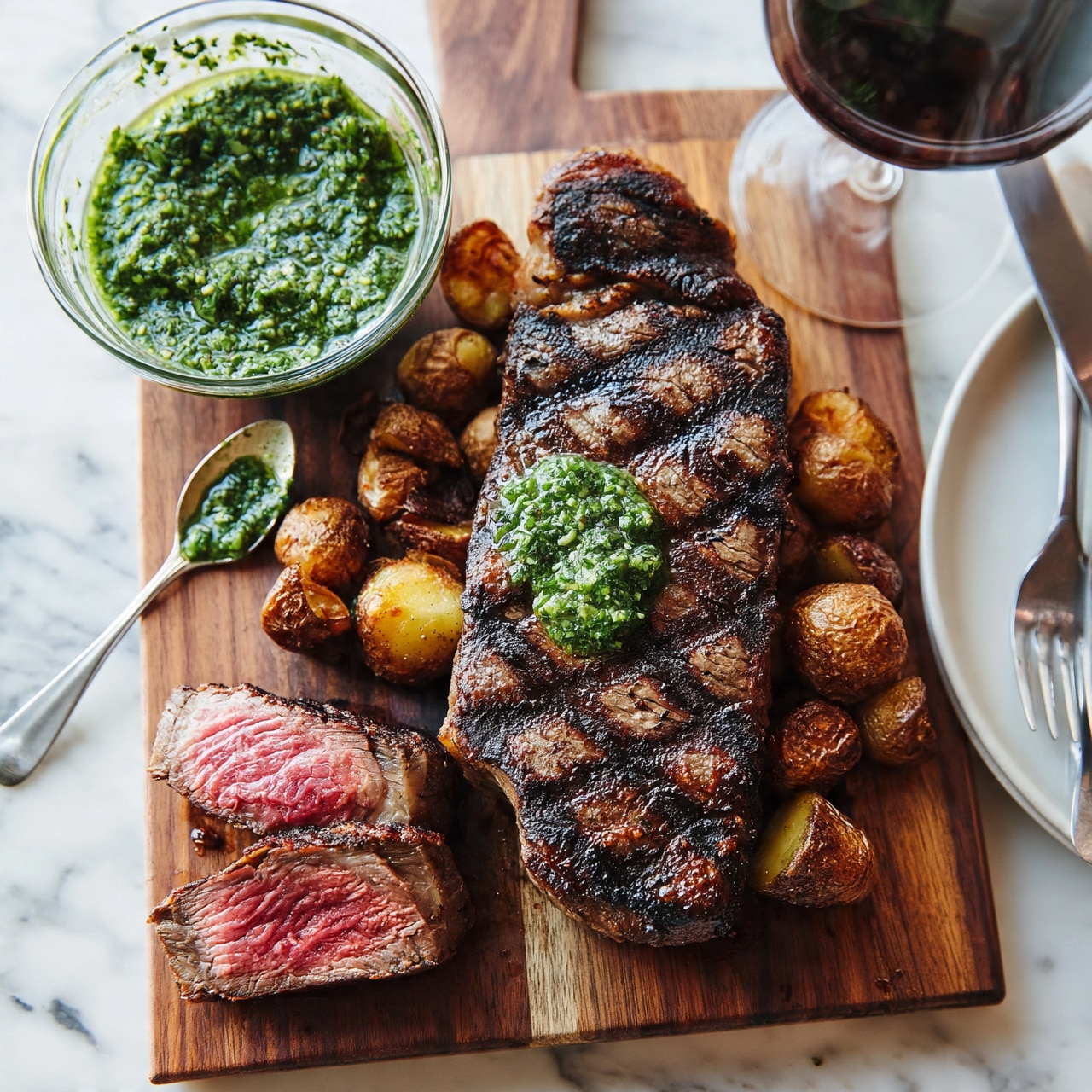 square image The image shows a wooden serving board on a white marbled surface with a grilled steak that has dark grill marks and a juicy, pink inside visible in two sliced pieces at the bottom left. On top of the steak, there is a dollop of bright green sauce. Around the steak, there are small roasted potatoes with a golden brown and slightly crisp look. To the left of the steak, a clear glass bowl filled with the same green sauce is placed with a small silver spoon resting next to it, covered in sauce. A glass of red wine and a white plate with a knife and fork beside it are visible on the right side. The overall setting looks rustic and inviting, photo taken with an iphone --ar 4:5 --v 7