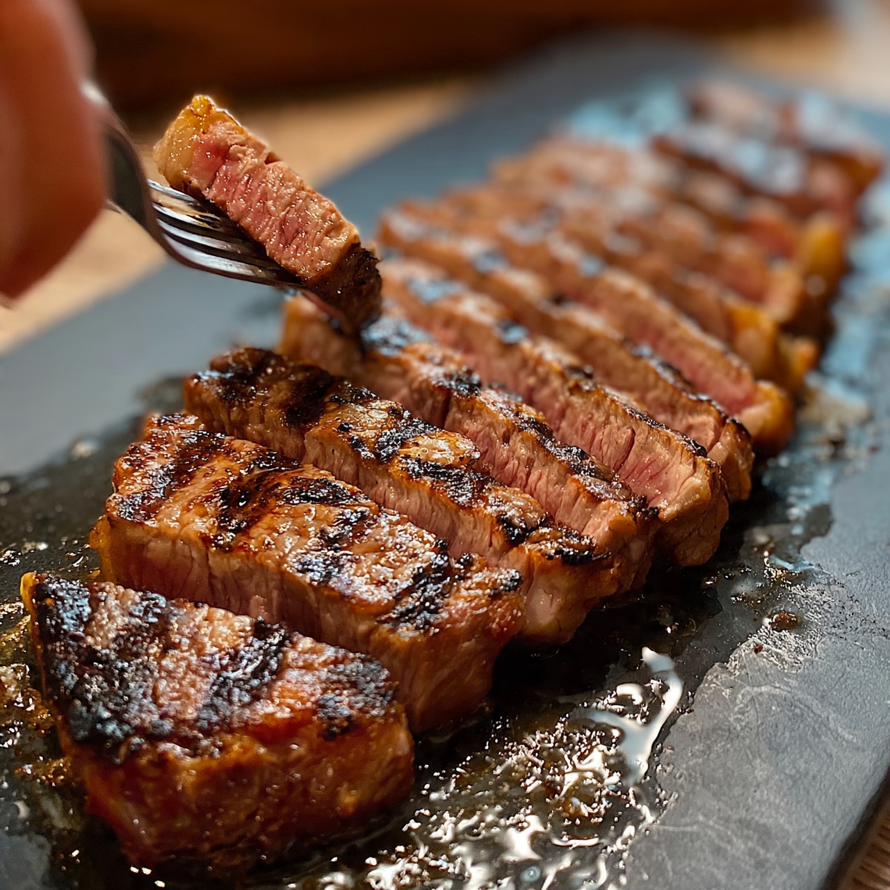 square image A sliced grilled steak is shown on a dark cutting board with visible grill marks and a browned, slightly charred crust. Each slice reveals a juicy, pinkish inside, lined in a row from thick to thin. A woman's hand holds a fork, lifting one of the thicker slices near the left side of the steak. The surface has some oil or juice around the meat, adding a shiny texture. The background is slightly blurred with a wooden tone. photo taken with an iphone --ar 4:5 --v 7