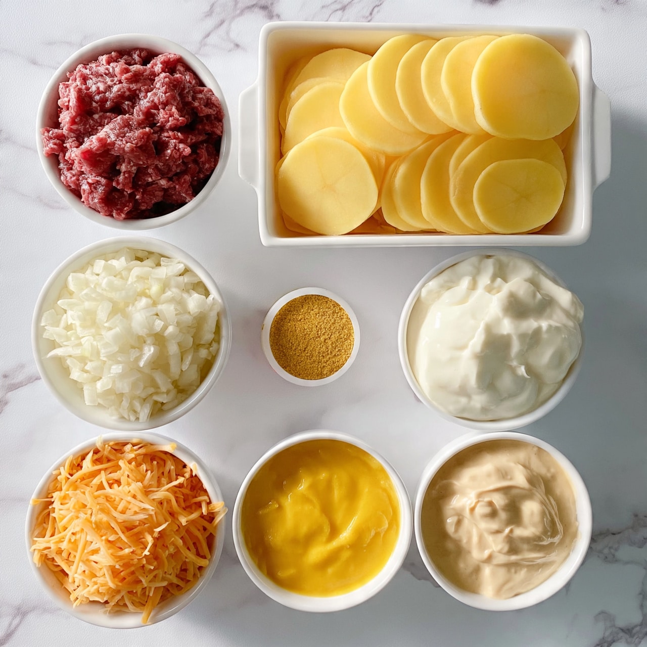 square image The image shows eight small white bowls and a white rectangular container, all on a white marbled surface. The rectangular container, positioned at the top right, holds many thin, round yellow potato slices. Below and to the left of this container, a white bowl is filled with finely chopped white onions. Next to it on the top left is a white bowl with raw ground meat, red in color. Rowed at the bottom left is a bowl full of shredded orange cheese. Toward the middle, there is a small round container with a mustard-yellow powder, next to a small bowl with a thick yellow sauce. On the right side, two white bowls hold creamy white and beige sauces, both smooth in texture. The arrangement is neat and spaced evenly in two rows. Photo taken with an iphone --ar 4:5 --v 7