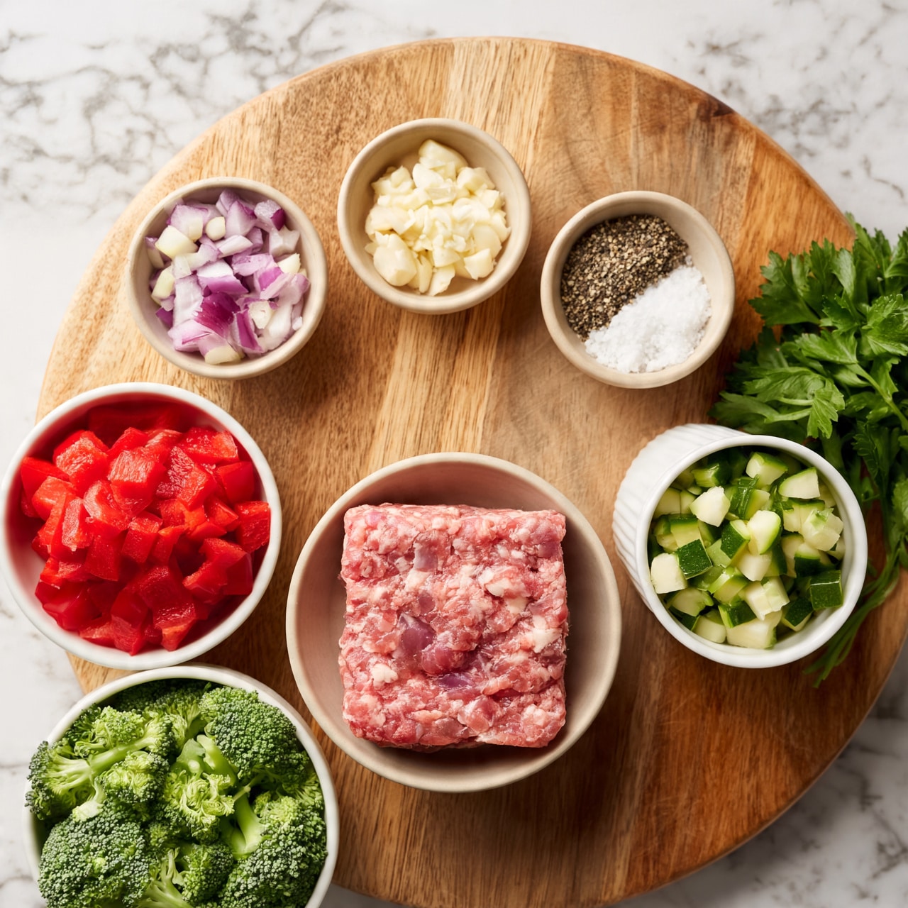 square image A round wooden board has several small white bowls and beige bowls arranged on it. In the center bottom is a beige bowl filled with a square block of raw ground meat that shows pink and white marbling. Above it are three small beige bowls: on the left chopped purple and white onion, in the center chopped white garlic, and on the right coarse ground black pepper and white salt. To the left bottom on the board is a white bowl filled with bright red chopped bell pepper, and below it, a white bowl full of fresh green broccoli florets. On the right bottom side on the board is a white cup-like bowl filled with chopped green and white zucchini. Fresh green parsley leaves rest on the board’s right edge. The whole scene is on a surface with a white marbled texture photo taken with an iphone --ar 4:5 --v 7
