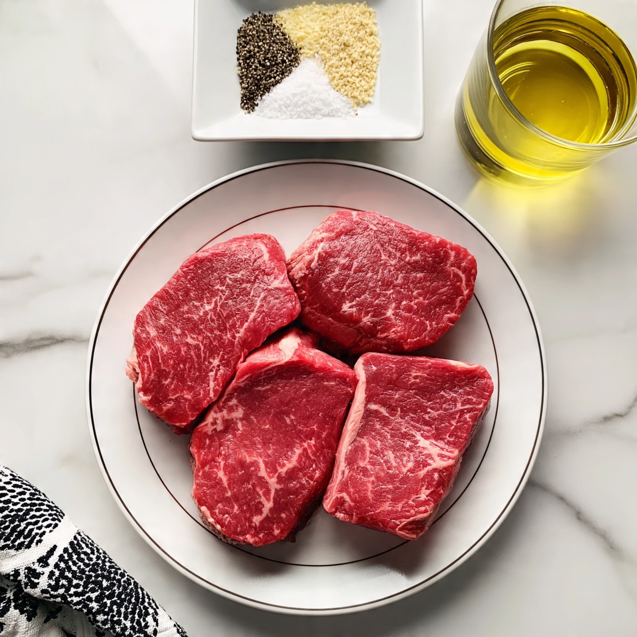 square image The image shows four raw red beef steaks with light marbling placed on a white plate with a thin dark rim, centered on a white marbled surface. Above the plate, there is a square white dish holding three piles of seasoning: black pepper, garlic powder, and coarse salt arranged in triangular form. To the right of the plate, a glass contains yellow cooking oil with a clear glass reflection. A black and white patterned cloth napkin is partially visible in the bottom left corner, adding texture to the scene. The colors are natural and fresh with bright lighting highlighting the raw meat’s texture and the smooth surfaces of the plate and glass. Photo taken with an iphone --ar 4:5 --v 7