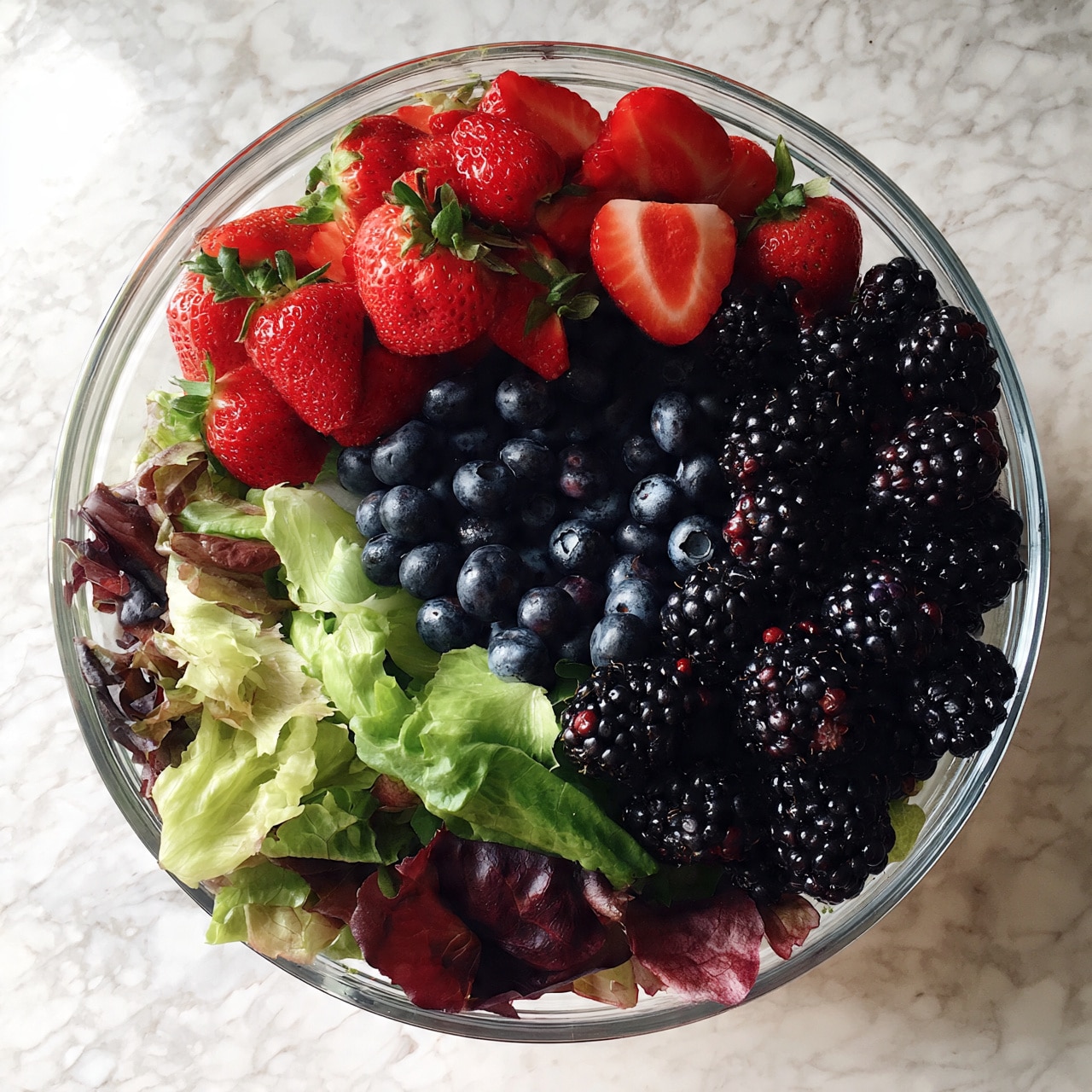 square image A clear glass bowl holds a fresh salad with three main layers. The bottom layer is mixed green lettuce leaves in light and dark green and some reddish-purple tones. On top of the lettuce, there are large clusters of black blackberries spread evenly on the right side and the center. Blue blueberries are mixed together with the blackberries around the center and right side of the bowl. The top layer is bright red strawberries with green stems; some strawberries are whole, and some are sliced in half showing their red inside. The bowl sits on a white marbled textured surface. photo taken with an iphone --ar 4:5 --v 7