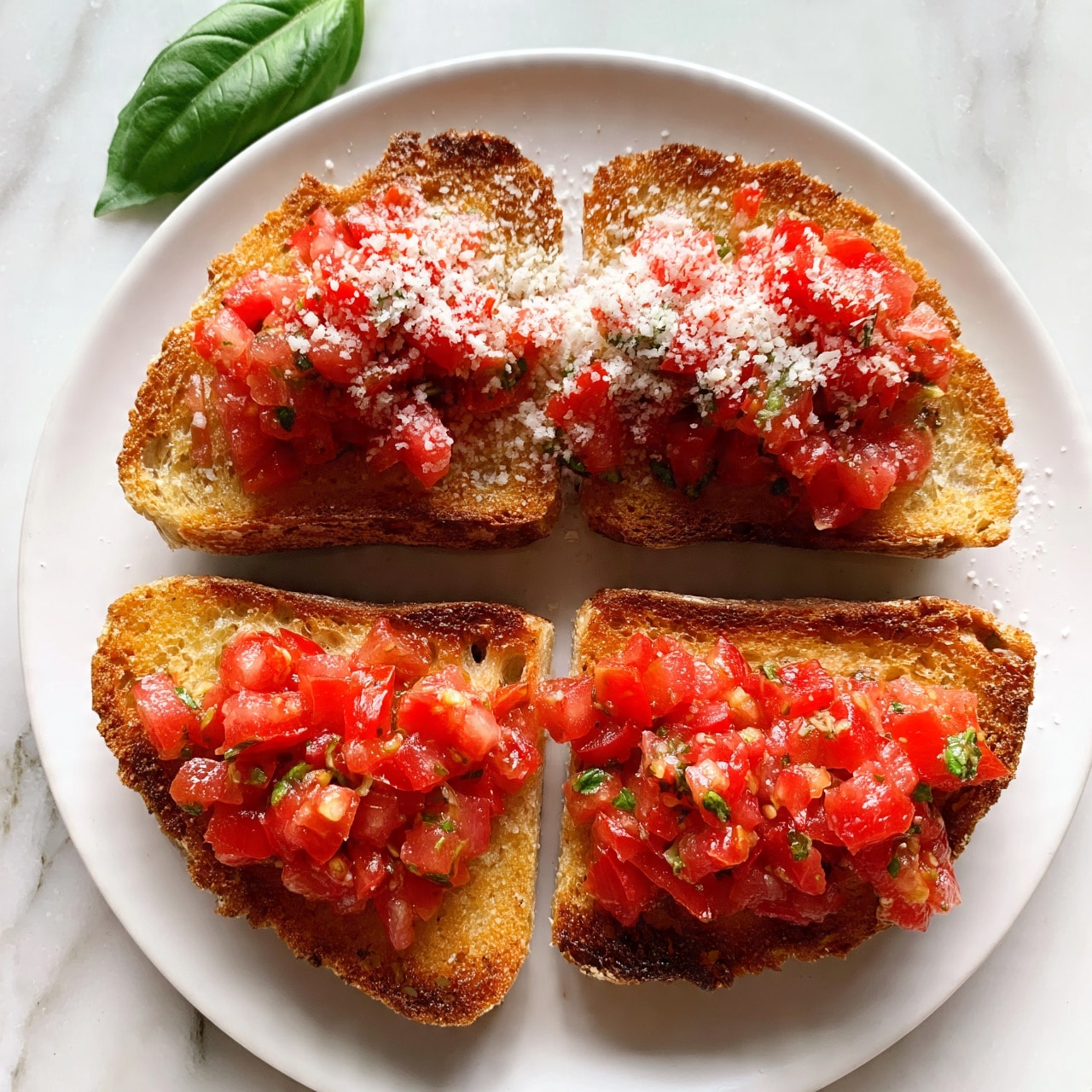 square image The image shows four slices of toasted bread arranged in two rows on a white plate. Each toast slice is topped with finely chopped bright red tomatoes mixed with small pieces of green herbs. A light dusting of grated white cheese is sprinkled more on the top toast pieces, adding a soft texture contrast. A fresh green basil leaf lies on the white marbled surface near the plate, adding a fresh color touch. The toast slices have a golden brown crust with a slightly crunchy texture. Photo taken with an iphone --ar 4:5 --v 7