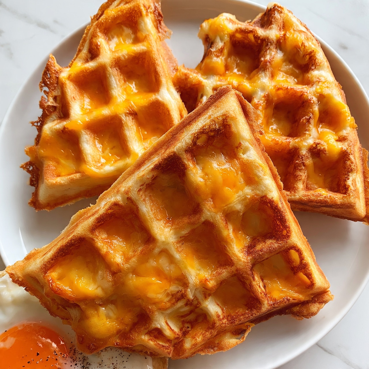 square image A close-up of four triangular waffle pieces arranged on a white plate set on a white marbled surface. The waffles are golden brown with a crispy texture, showing melted orange-yellow cheese spread unevenly on top, lightly browned in some parts. The waffles are thick with clear square pockets and slight irregular edges. In the bottom left corner of the plate, a portion of a fried egg with a bright orange yolk visible is partially underneath the waffles, with some pepper sprinkled on it. The image is bright and detailed, showing the textures of the waffles and melted cheese clearly, photo taken with an iphone --ar 4:5 --v 7