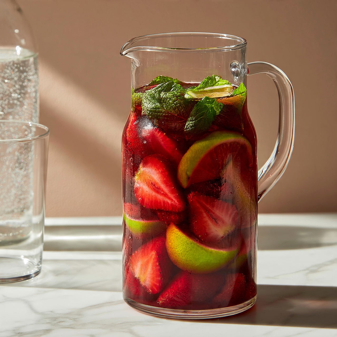 square image A clear glass pitcher filled with a deep red liquid layered with sliced strawberries, bright green lime wedges, and fresh green mint leaves floating on top, all seen clearly through the glass. To the left of the pitcher, there is a clear empty glass and a clear bottle filled with sparkling water. The scene is set on a white marbled surface with a soft beige background, showing gentle shadows and natural light. photo taken with an iphone --ar 4:5 --v 7