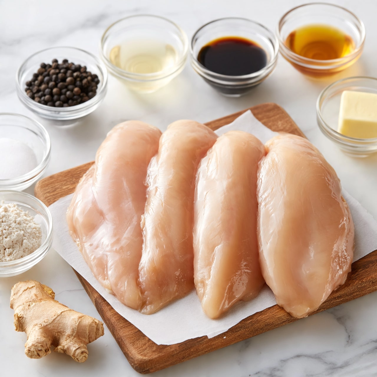 square image The image shows four raw chicken fillets placed side by side on a wooden board with white paper underneath. Around the chicken, there are six small clear glass bowls filled with different ingredients: one contains black pepper, another has a light yellow liquid, one holds a dark brown liquid, another shows a small block of butter, one bowl has a white powder, and a piece of fresh ginger rests directly on the white marbled surface nearby. The setting is bright with a clean, white marbled background. photo taken with an iphone --ar 4:5 --v 7