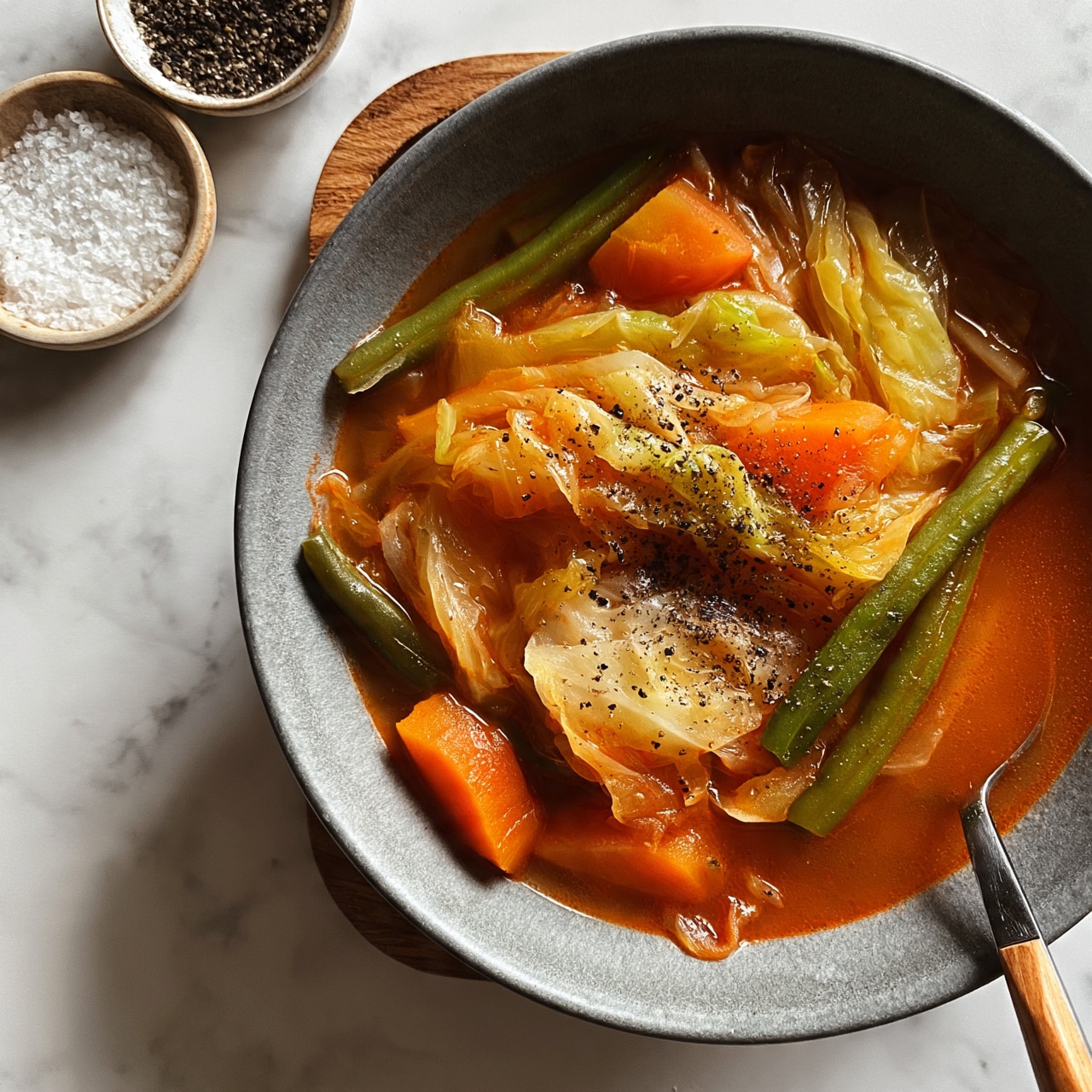 square image A grey bowl filled with a layered vegetable soup showing orange carrot pieces, light yellow cabbage, and green beans in a deep reddish-orange broth, topped with black pepper. The bowl rests on a small wooden board placed on a white marbled surface. To the left of the bowl are two small round containers, one with coarse white salt and the other with black pepper, both on the white marbled surface. A spoon with a wooden handle is partially dipped into the soup. photo taken with an iphone --ar 4:5 --v 7