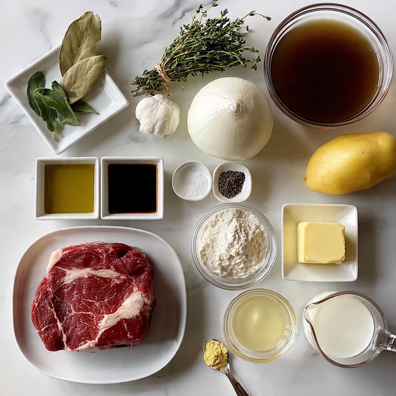square image A white plate in the bottom left holds a raw red piece of meat with white fat marbling. Above the plate are two small white square dishes, one with olive oil and one with a dark soy sauce. To the right of the plate is a small clear glass bowl filled with white flour and next to it a small white dish with a square of yellow butter. Above that is a whole large white onion and a yellow potato to the right. In the top right is a clear round bowl filled with dark brown broth. To its left is a whole white garlic bulb and a bundle of green thyme tied with string. Near the top left are two bay leaves and some fresh sage leaves on another white square dish. In the middle of the image are small white dishes with salt and black pepper. Below these is a small clear bowl of light yellow liquid and to the right a measuring cup with white milk. A small spoon with light yellow powder rests near the bottom. All of these ingredients are laid out on a white marbled surface photo taken with an iphone --ar 4:5 --v 7square image