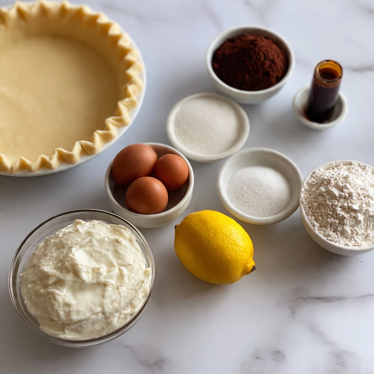 square image The image shows several ingredients arranged neatly on a white marbled surface. There is a glass bowl filled with thick white cream or ricotta at the bottom left. Near it, a whole yellow lemon sits in front of a small white bowl holding three brown eggs. To the top right, there is a white bowl of cocoa powder, next to a small white dish with a dark brown liquid, possibly vanilla extract. Beside those, two small white bowls contain white sugar and white flour. On the top left, a pastry dough with crimped edges is placed inside a round white pie dish, ready for filling. The overall arrangement is clean and simple, showing each ingredient clearly. Photo taken with an iphone --ar 4:5 --v 7