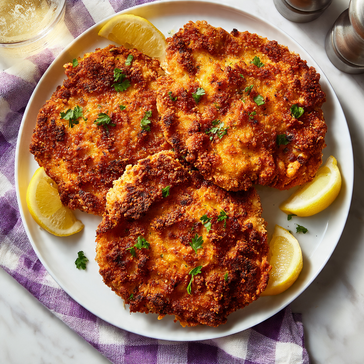 Crispy Baked Chicken Schnitzel Recipe 5 square image Three golden brown fried chicken pieces with a crispy crumb coating sit on a white plate, garnished with small green parsley leaves. The chicken is arranged in a slightly overlapping manner, with four lemon wedges placed around the edges of the plate. The plate rests on a white marble surface covered partly by a purple and white checkered cloth. To the side, there is a glass of light-colored drink and a pepper grinder partially visible, adding to the cozy table setting. Photo taken with an iphone --ar 4:5 --v 7