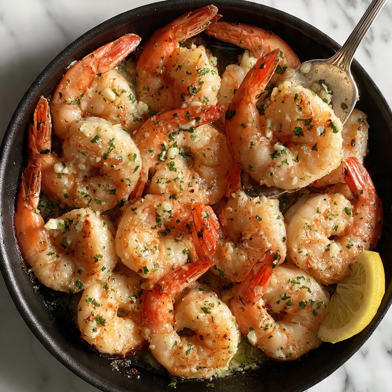 square image The image shows a black pan filled with cooked shrimp arranged closely together in a circular pattern. Each shrimp has a pink-orange tail that curves upwards, attached to a thick, pale beige body with a slightly crispy texture, speckled with small green herbs and white garlic pieces. The surface of the shrimp looks moist and flavorful, with some oil visible at the bottom of the pan. In the lower right corner, there is a lemon wedge placed against the shrimp. A silver spoon lifts one shrimp above the pan, showing its textured body with herbs. The background is a white marbled surface. Photo taken with an iphone --ar 4:5 --v 7