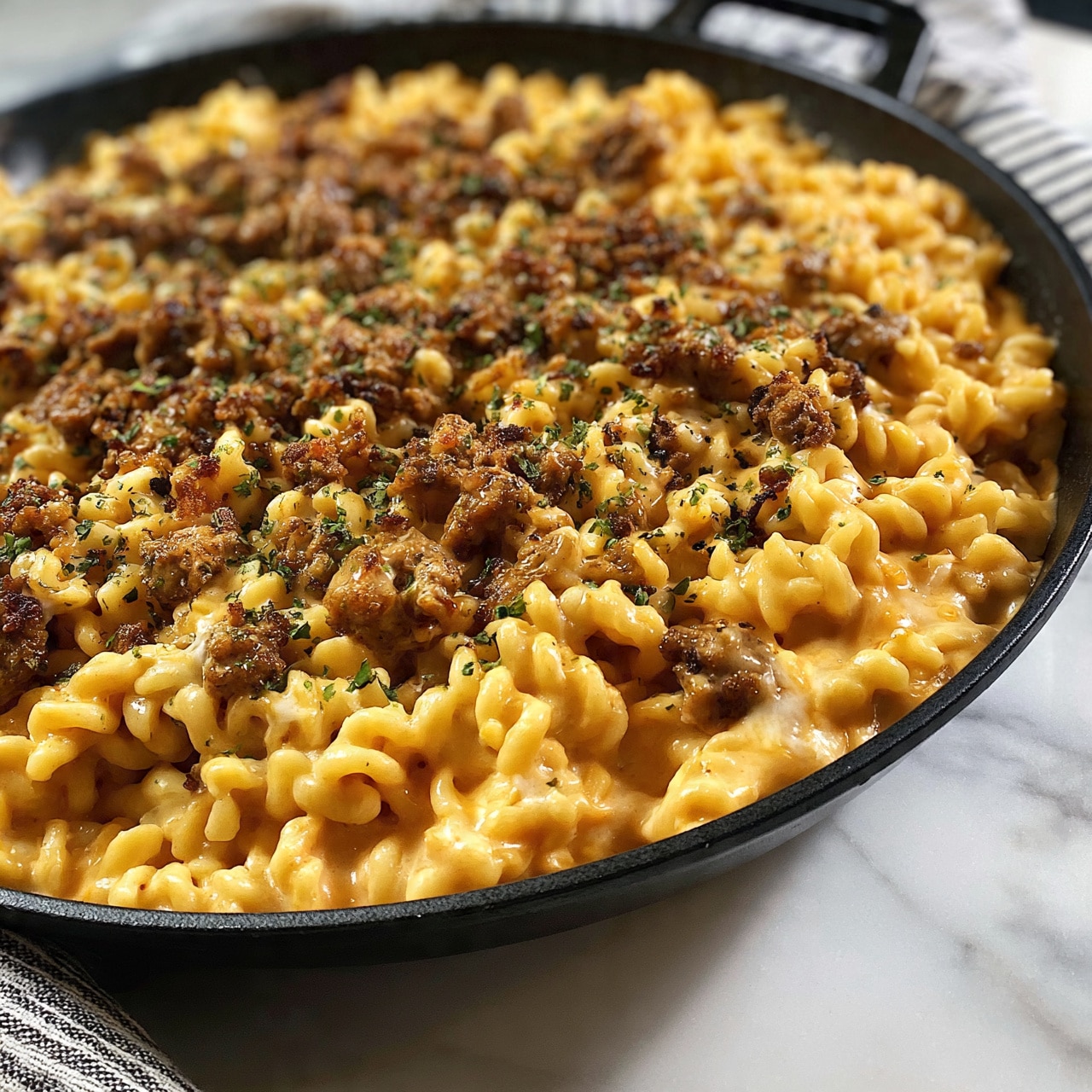 square image A close-up view of a black pan filled with creamy pasta, showing about two layers: the base layer is twisted pasta in a light orange cheesy sauce, and the top layer has small pieces of browned meat mixed evenly, sprinkled with small green herb bits on top. The pan is placed on a white marbled surface with a striped cloth partially visible near the handle. photo taken with an iphone --ar 4:5 --v 7