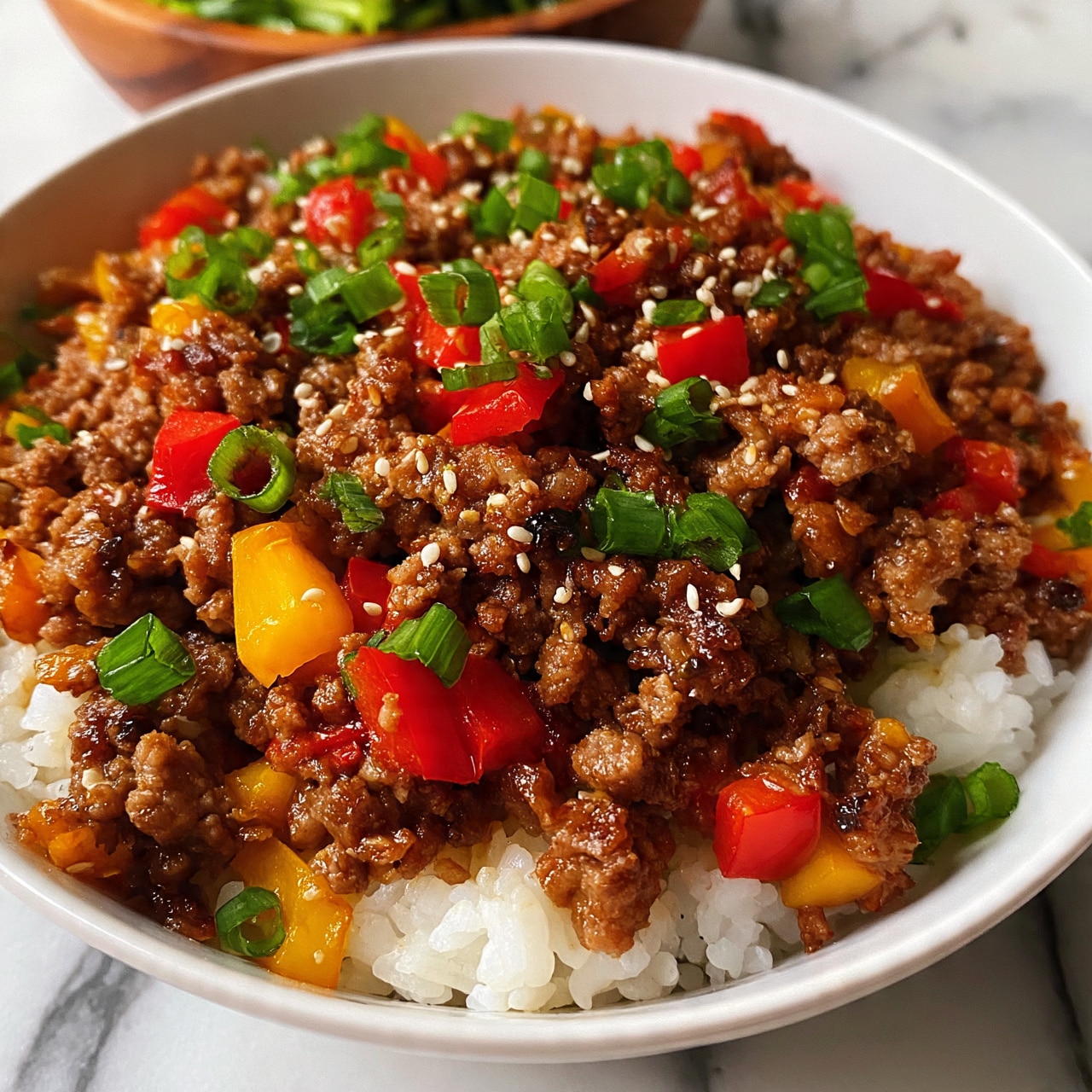square image A white bowl filled with white rice at the bottom, topped with a layer of cooked ground meat mixed with diced red and yellow bell peppers. The meat looks slightly crispy and brown, with a shiny texture from a sauce coating it. On top, there are chopped green onions sprinkled evenly, along with white sesame seeds scattered across the dish. In the background, part of a wooden bowl with green vegetables is visible on a white marbled surface. Photo taken with an iphone --ar 4:5 --v 7