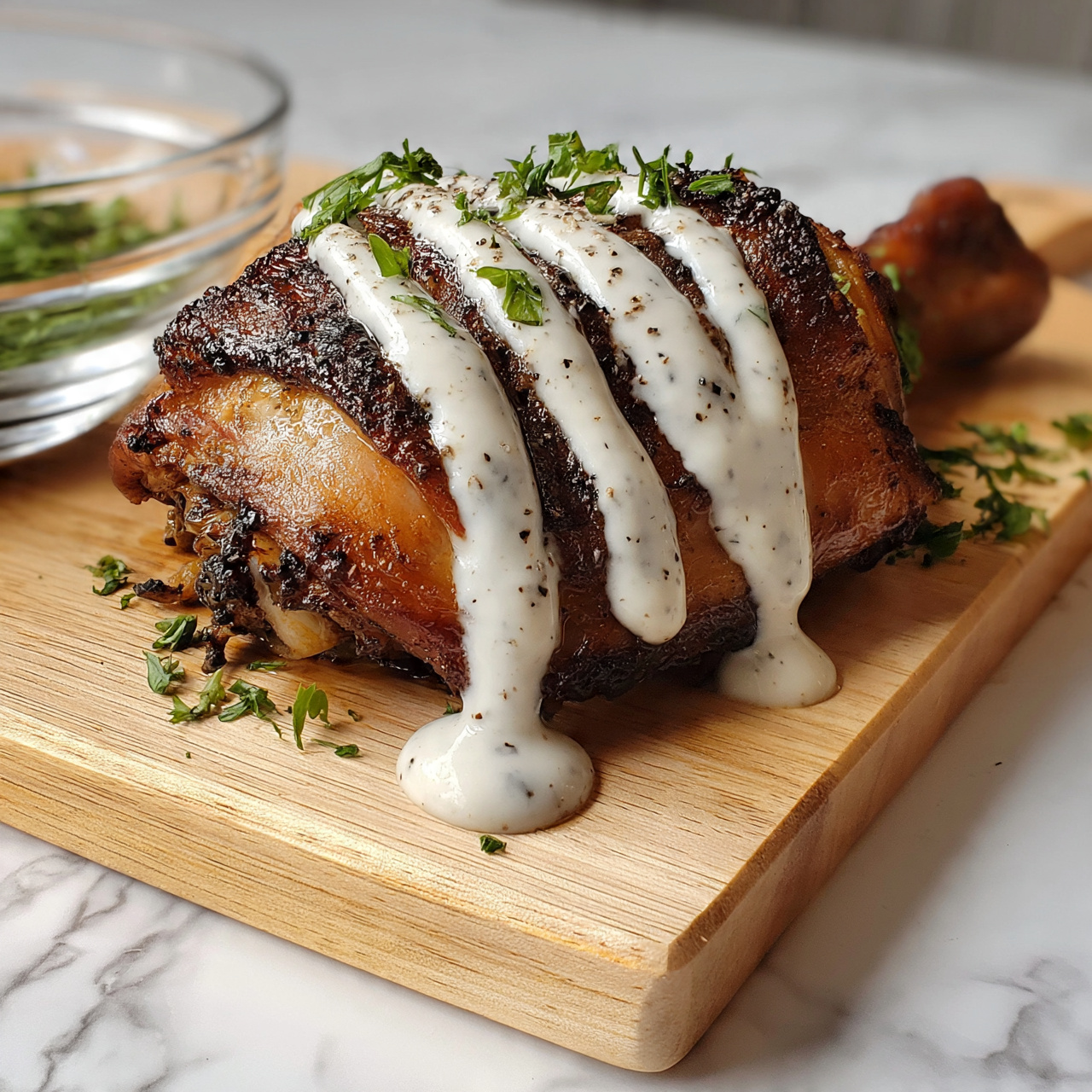 square image A piece of cooked chicken leg with dark brown, crispy skin sits on a light wooden board. The chicken is drizzled with thick white sauce, which has some black pepper specks, flowing down the meat in three wide stripes. Small green herb leaves are placed on top of the sauce and scattered around the chicken on the board. A clear glass bowl with more green herbs is partially visible on the left side. The whole setup is on a white marbled surface. photo taken with an iphone --ar 4:5 --v 7