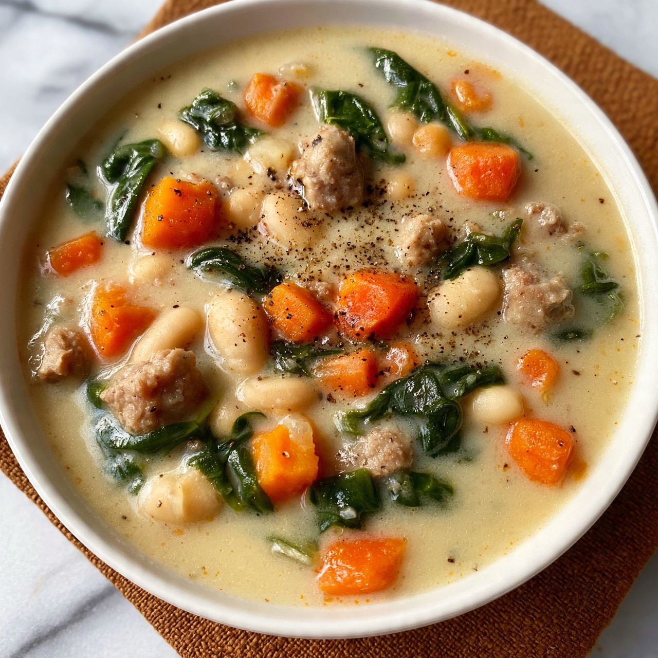 square image A close-up view of a white bowl filled with hearty soup resting on a brown textured cloth against a white marbled surface. The soup has a creamy light beige broth filled with multiple layers of ingredients: small white beans, bright orange carrot cubes, green leafy spinach, and soft pieces of light brown sausage scattered throughout. A light sprinkling of black pepper is visible on top, adding subtle specks to the surface. The colors contrast softly against each other, making the soup appear warm and comforting. photo taken with an iphone --ar 4:5 --v 7
