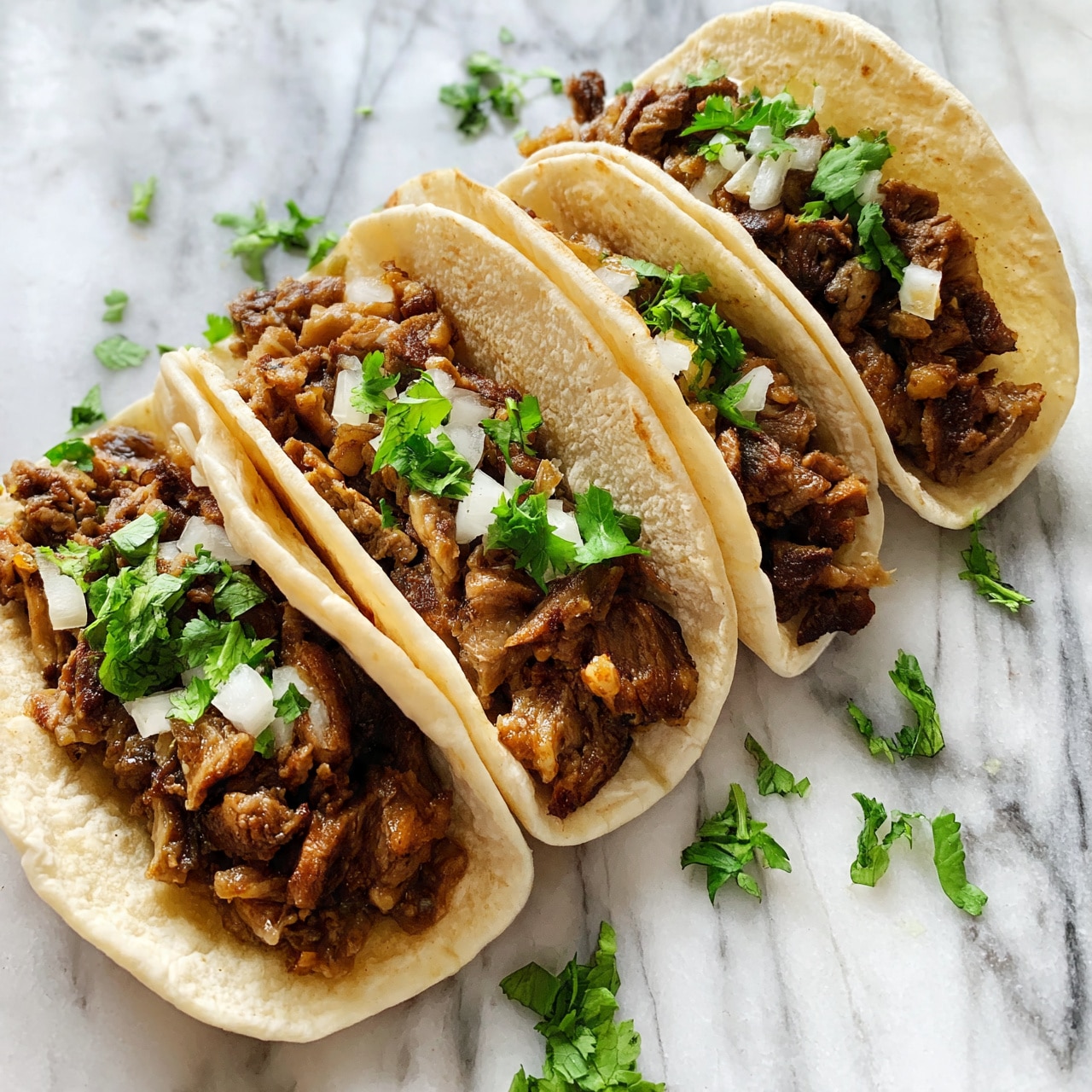 square image Five small soft tacos are placed in a row on a white marbled surface. Each taco has a light beige tortilla shell folded around a filling of chopped cooked meat that is brown and slightly juicy. On top of the meat, there are small pieces of white onion and bright green chopped cilantro. The tacos are open at the top, showing the filling clearly. Some loose chopped cilantro is scattered around the tacos on the marble surface. photo taken with an iphone --ar 4:5 --v 7