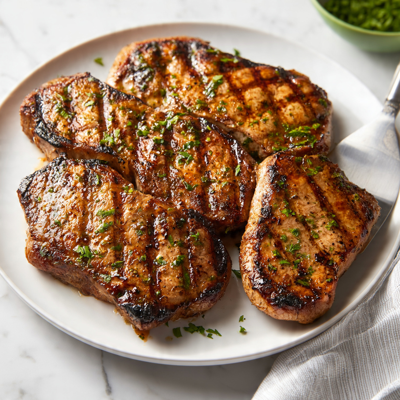 square image A white plate holds five grilled meat pieces arranged close to each other, each piece showing clear grill marks with a mix of golden-brown and darker charred edges. The meat's surface is shiny, reflecting a slight glaze, and is sprinkled with finely chopped green herbs. To the right side of the plate, a silver spatula rests partly under one of the meat pieces. The plate sits on a white marbled surface with a light grey-striped cloth partially visible next to it. In the top right corner, a small green bowl with some green herbs inside adds a subtle contrast. Photo taken with an iphone --ar 4:5 --v 7