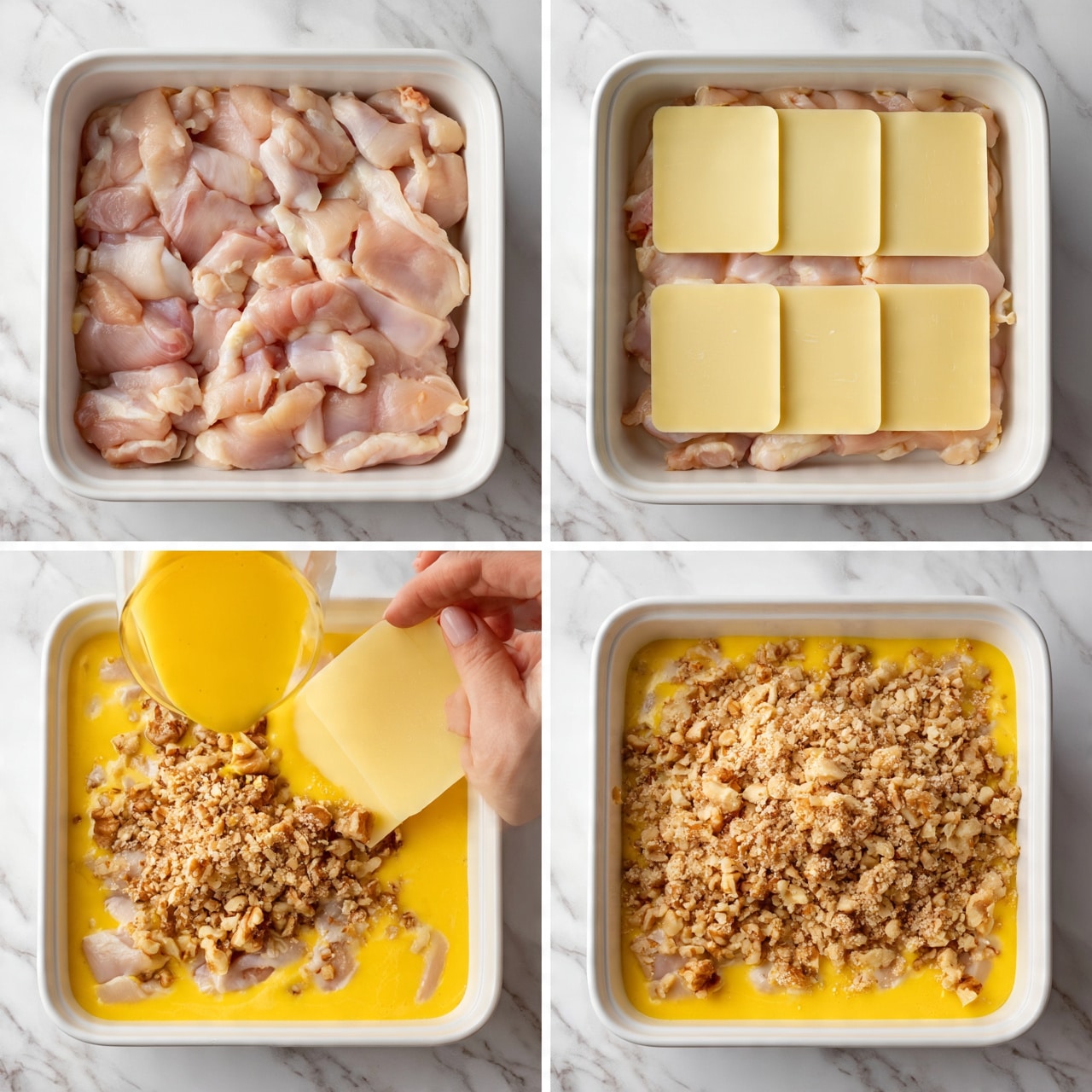 square image A white rectangular baking dish sits on a white marbled surface with four steps of food layers inside. The first layer is raw, pale pink chicken pieces spread evenly across the dish. The second layer has slices of Swiss cheese placed squarely over the chicken. The third layer shows a yellow beaten egg mixture poured carefully over the cheese and chicken, with a woman's hand placing the last slice of cheese on top. The final layer is a generous topping of crushed light brown nuts and breadcrumbs covering the egg-soaked layers below. photo taken with an iphone --ar 4:5 --v 7