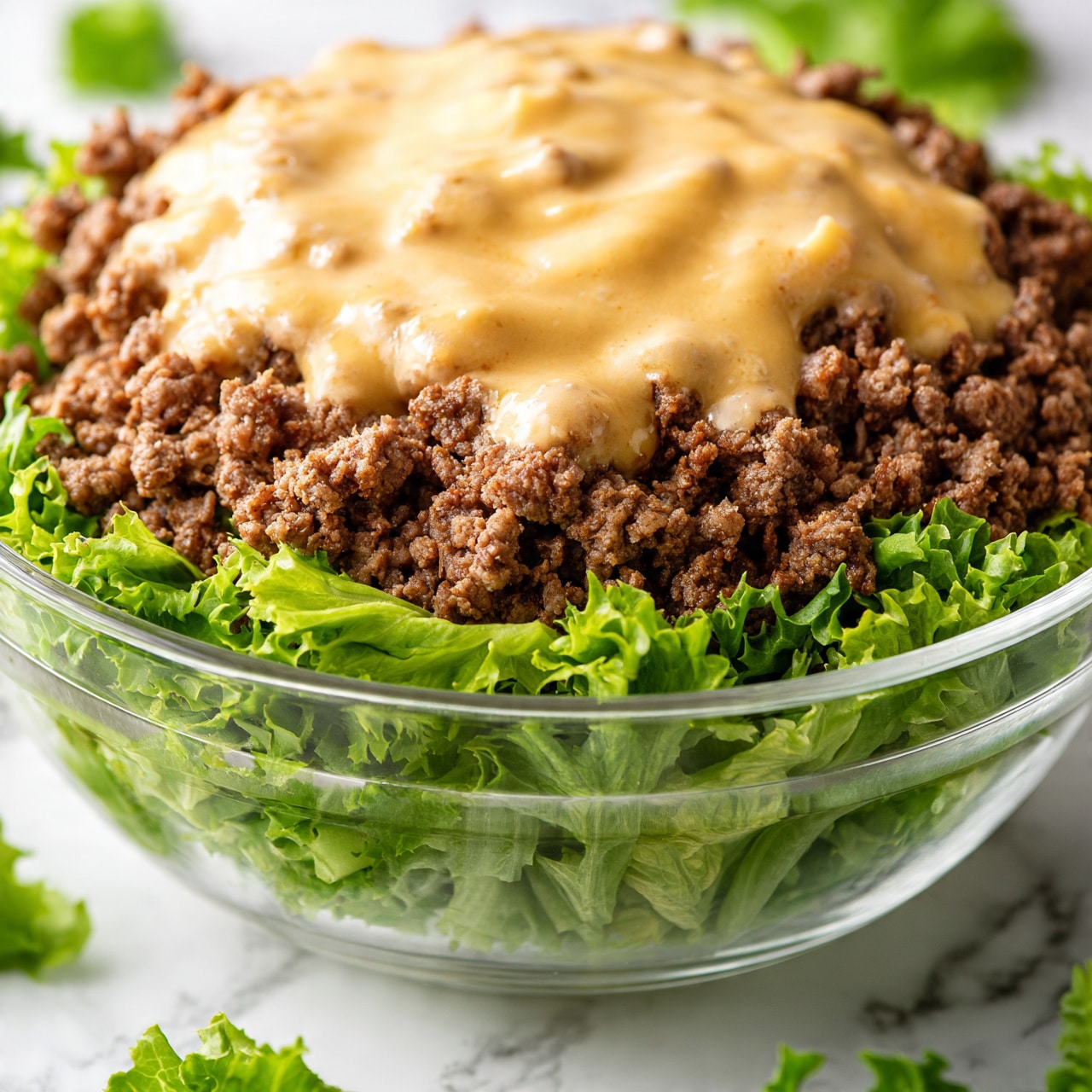 square image A clear glass bowl with three visible layers: the bottom layer is fresh green lettuce with crisp texture, the middle layer is cooked brown ground beef with a crumbly texture, and the top layer is a smooth, light yellowish-orange sauce drizzled unevenly over the beef. The bowl sits on a white marbled surface with some green lettuce leaves around it. The image focuses closely on the food with a bright, natural light. photo taken with an iphone --ar 4:5 --v 7
