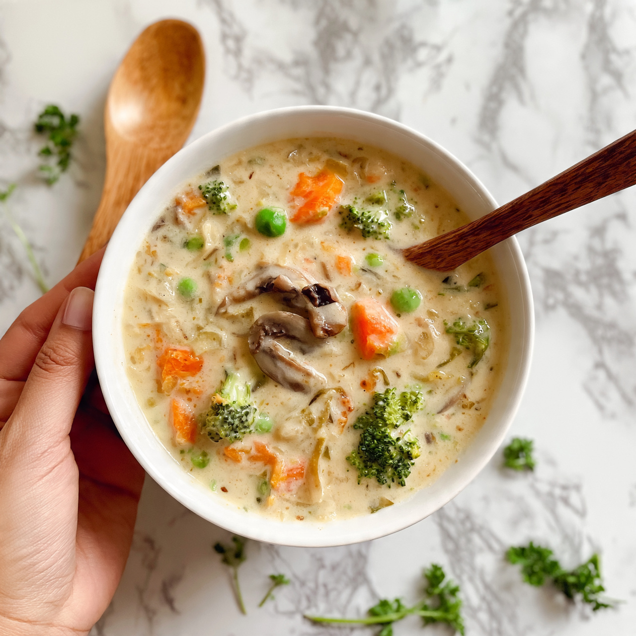 square image A white bowl filled with creamy soup containing visible pieces of vegetables like orange carrots, green peas, and broccoli florets mixed in white creamy broth, with some slices of mushroom on top. A woman's hand is holding a wooden spoon beside the bowl. The bowl is set on a white marbled textured surface with some sprigs of parsley scattered nearby. Photo taken with an iphone --ar 4:5 --v 7
