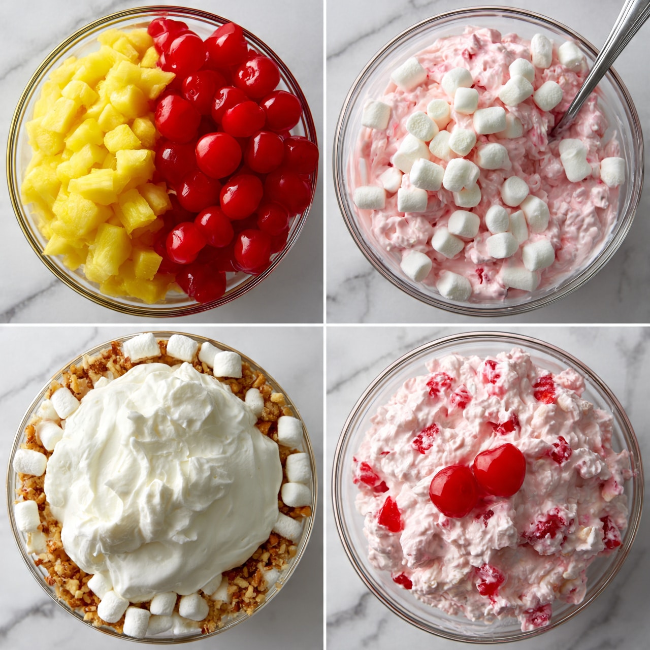 square image The image shows four close-up views of a clear glass bowl with a mix of ingredients. The first layer in the bowl includes finely chopped yellow pineapple and bright red maraschino cherries placed side by side. The second view shows pinkish whipped cream mixed with white mini marshmallows stirred evenly in the bowl, with a silver spoon placed inside. In the third view, a thick white layer of cream is added on top, along with crushed nuts and more mini marshmallows around the edges. The final view presents the salad fully mixed, light pink with red cherry pieces on top, and two whole cherries placed centrally as decoration, all on a white marbled surface. photo taken with an iphone --ar 4:5 --v 7