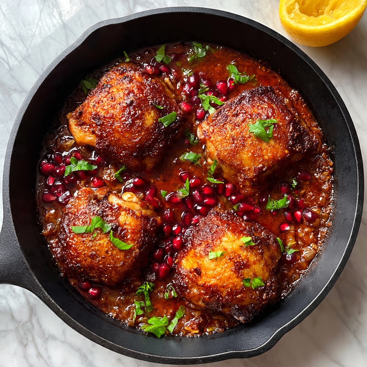 square image A black cast iron pan holds four pieces of golden brown crispy chicken thighs on top of a rich, reddish-brown sauce mixed with scattered deep red pomegranate seeds and small bright green basil leaves. The sauce looks thick with visible small bits of caramelized onions. The pan is set on a white marbled textured surface. In the top right corner, a halved squeezed yellow lemon is shown. Photo taken with an iphone --ar 4:5 --v 7square image