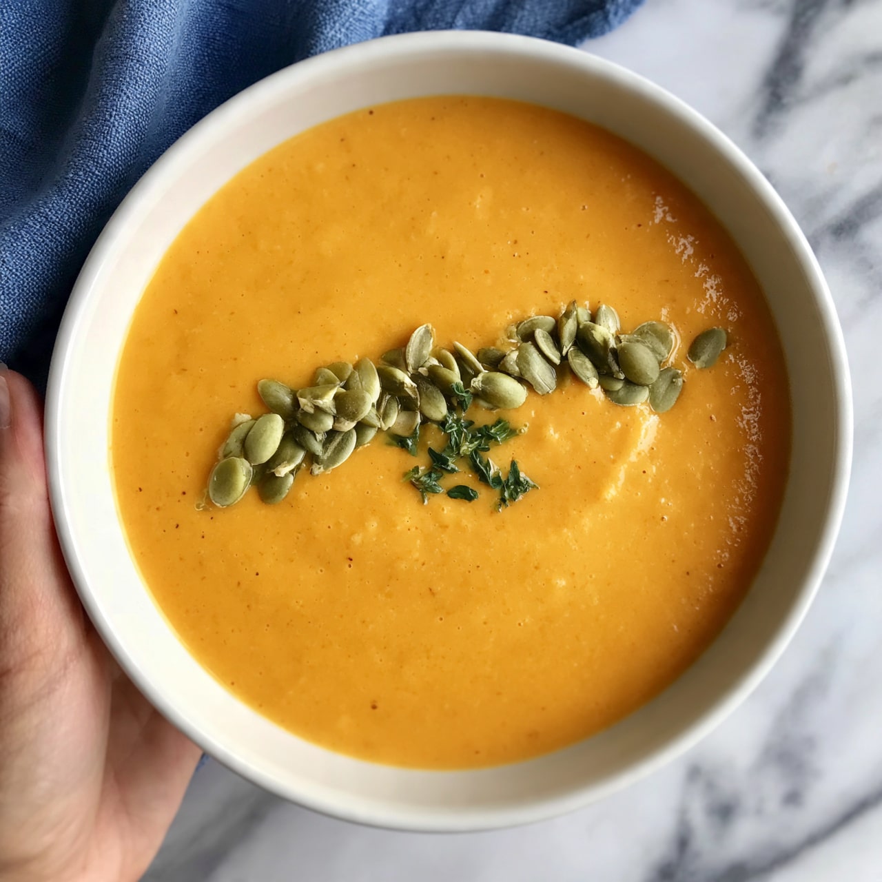  square image The image shows a bowl of smooth orange soup with a creamy texture. On top, there is a neat row of green pumpkin seeds and small green herb leaves placed in the center, creating a contrast with the orange soup. The bowl is white and sits on a white marbled surface with a blue cloth partially visible beside it. A woman's hand is holding the bowl from the side. The overall look is fresh and vibrant. photo taken with an iphone --ar 4:5 --v 7