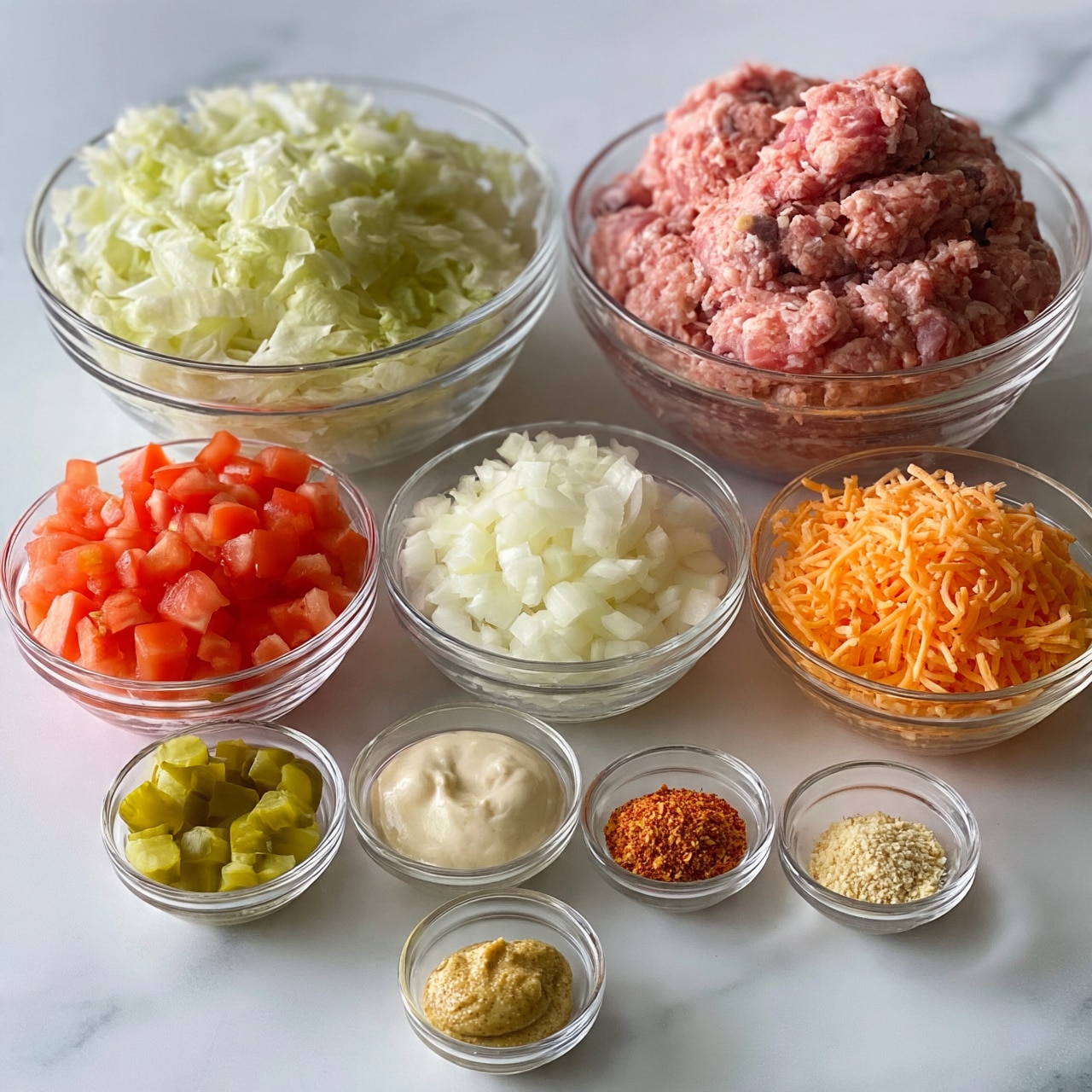 square image Several clear glass bowls with different ingredients are placed on a white marbled surface. In the back row, a large bowl on the left holds shredded light green lettuce, while next to it on the right is a similarly sized bowl filled with a mound of raw ground meat, pink with some darker spots. In front of these, there are medium bowls containing bright red diced tomatoes on the left, white chopped onions in the middle, and orange shredded cheese on the right. Below these are smaller bowls with diced green pickles on the left, a creamy off-white sauce in the middle, and three tiny bowls on the right with reddish seasoning, garlic powder, and fine breadcrumbs. At the very front is a small bowl with mustard. The scene is brightly lit, clean, and lined up neatly. Photo taken with an iphone --ar 4:5 --v 7