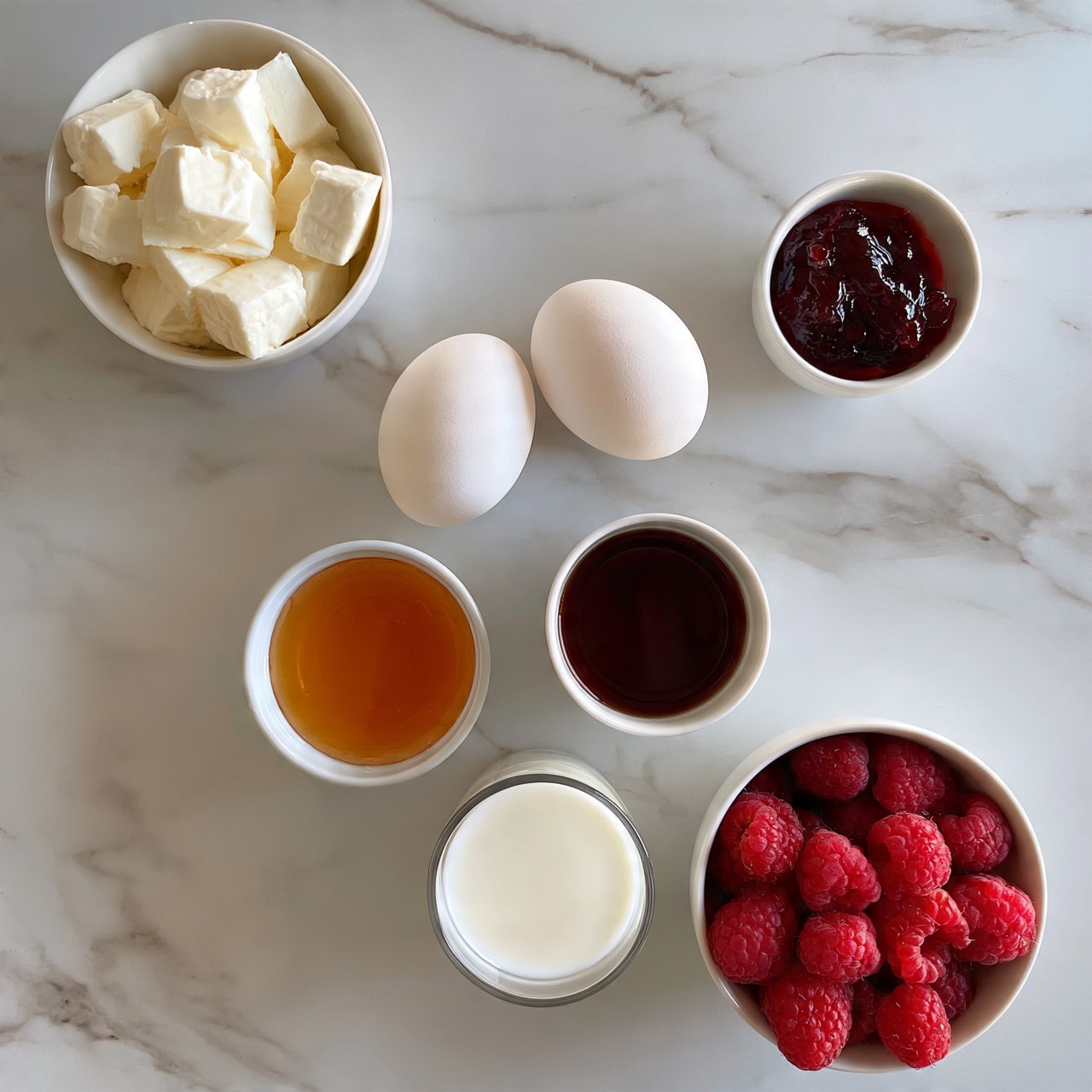 square image The image shows seven food items placed on a white marbled surface. There is a small white bowl filled with soft white cheese cubes at the top left, and to the right of it is a smaller white bowl containing dark red jam. Below these, there are two raw white eggs lying side by side. Under the eggs, a tiny white bowl holds amber-colored honey. Next to it, a small white cup is filled with dark coffee or tea. Below the cup, there is a small glass of white milk. Finally, at the bottom right, a white bowl contains bright red raspberries. All the items are neatly arranged with clear space around them. photo taken with an iphone --ar 4:5 --v 7