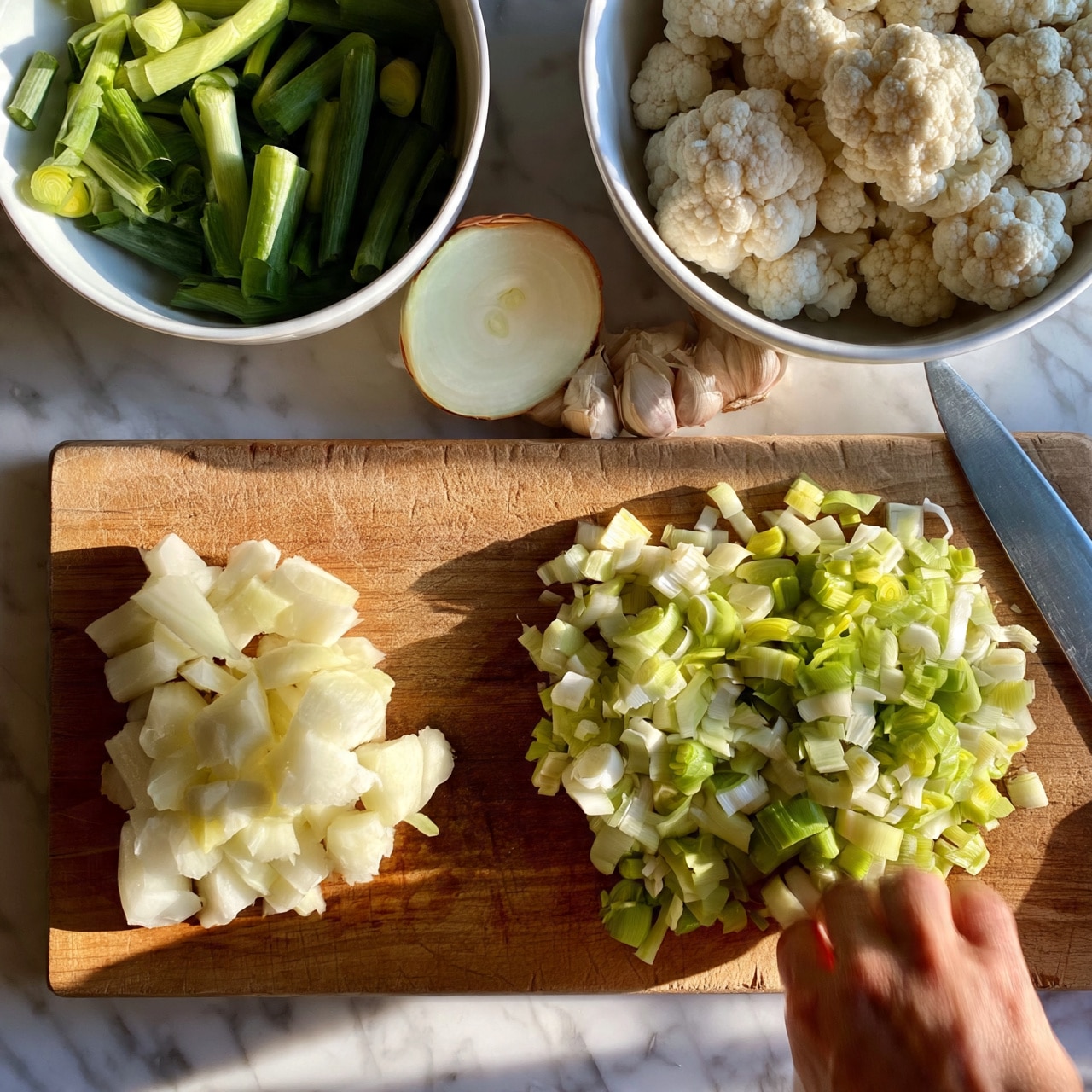 Creamy Cauliflower and Leek Soup Recipe 4 square image The image shows a wooden cutting board on a white marbled surface with two piles of chopped vegetables: light green and white leeks cut into small pieces on the right side, and a peeled white vegetable on the left. Above the board, there are two white bowls, one filled with whole green onions and the other with white cauliflower florets. Half of an onion and several unpeeled garlic cloves are placed in front of the bowls. A metal knife lies on the right edge of the cutting board, and a woman's hand is about to reach for the vegetables. Photo taken with an iphone --ar 4:5 --v 7