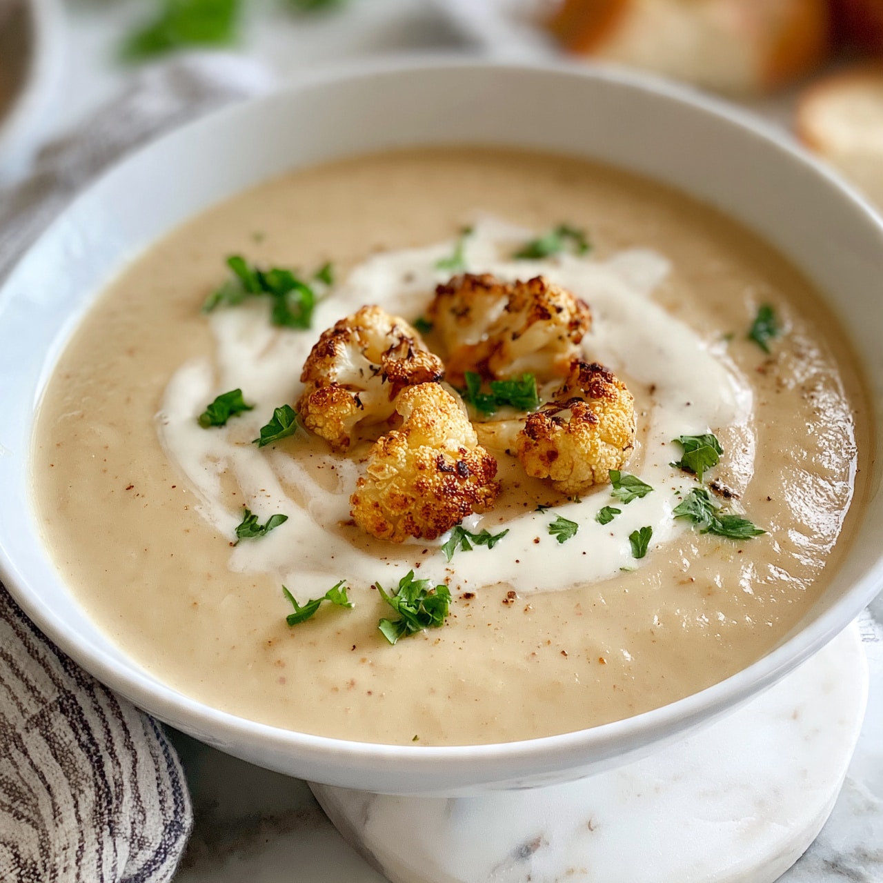 Creamy Cauliflower and Leek Soup Recipe 5 square image The image shows a white bowl filled with thick, creamy soup in a light beige color. On top of the soup, there are several small roasted cauliflower florets arranged in the center, with a swirl of white cream drizzled around them. Bright green parsley leaves are scattered on the surface, adding a fresh touch. The bowl is placed on a white marbled surface, with a striped cloth napkin nearby and some pieces of bread blurred in the background. The photo taken with an iphone --ar 4:5 --v 7