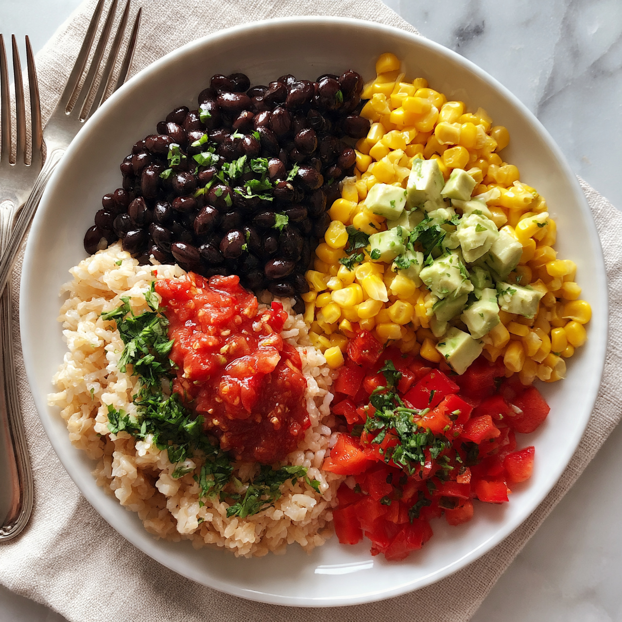 square image A white plate holds a colorful layered dish arranged in five sections. The bottom left section is filled with light brown rice, topped with green chopped herbs and a dollop of red salsa with a slightly chunky texture. Above the rice is a pile of shiny black beans with a sprinkle of green herbs. To the right of the beans, bright yellow corn kernels mix with diced light green avocado cubes, both garnished with herbs. The bottom right section has diced red bell peppers, also topped with green chopped herbs. The plate sits on a light beige cloth over a white marbled surface, with two silver forks placed to the left side. Photo taken with an iphone --ar 4:5 --v 7