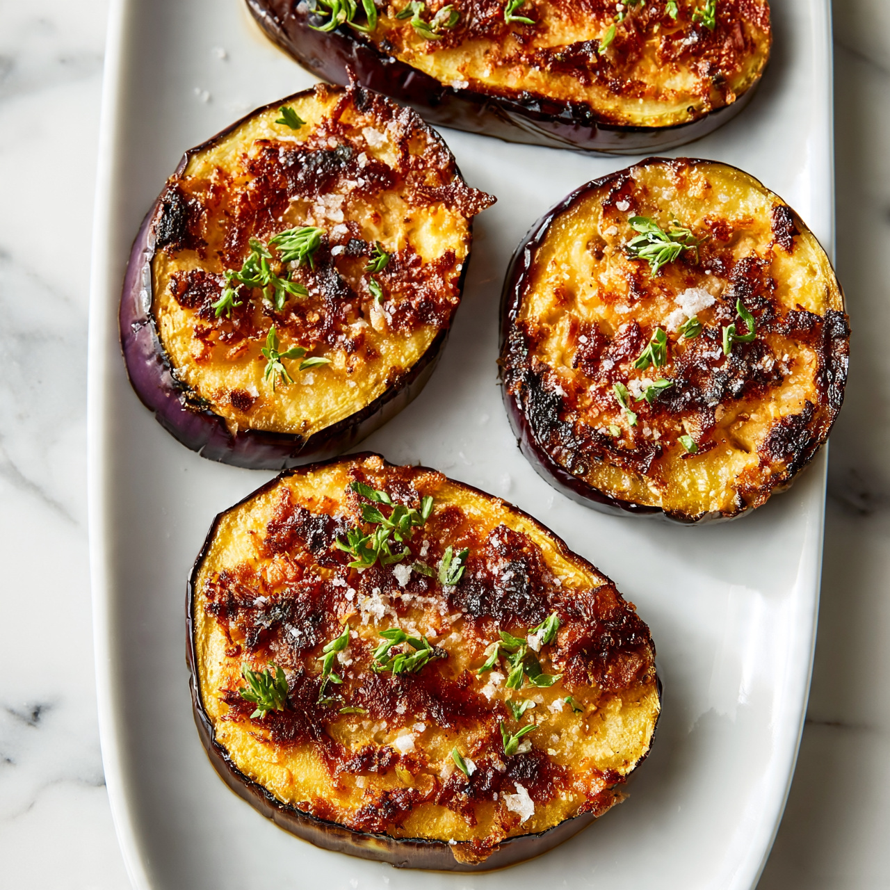 Roasted Red Cabbage with Caramelized Edges and Herbs Recipe 5 square image The image shows four slices of purple eggplant arranged in a row on a long white plate placed on a white marbled surface. Each eggplant slice is grilled with a golden brown and slightly charred texture on top, mixed with some crispy bits. The eggplant’s purple skin frames each slice, providing a deep contrast against the warm yellowish grilled inside. On top of the eggplant slices, there are small green herb sprigs scattered evenly, adding a fresh touch. Coarse white salt is lightly sprinkled over the dish, enhancing the texture and visual appeal. Photo taken with an iphone --ar 4:5 --v 7 square image