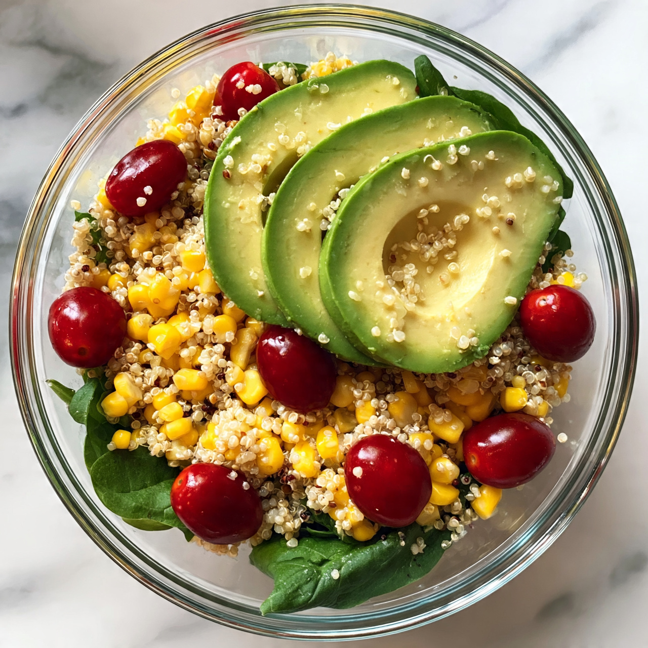 Corn, Avocado, and Quinoa Salad with Marinated Tomatoes Recipe 5 square image A clear glass bowl holds a colorful layered salad on a white marbled surface. The bottom layer has tiny round quinoa grains mixed with bright yellow corn kernels and deep red cherry tomatoes scattered throughout. Fresh green spinach leaves peek out from under the quinoa mix. On top, there are three thick slices of green avocado, each slice showing a smooth creamy texture speckled with bits of quinoa. The overall look is fresh and vibrant with contrasting colors and textures. Photo taken with an iphone --ar 4:5 --v 7