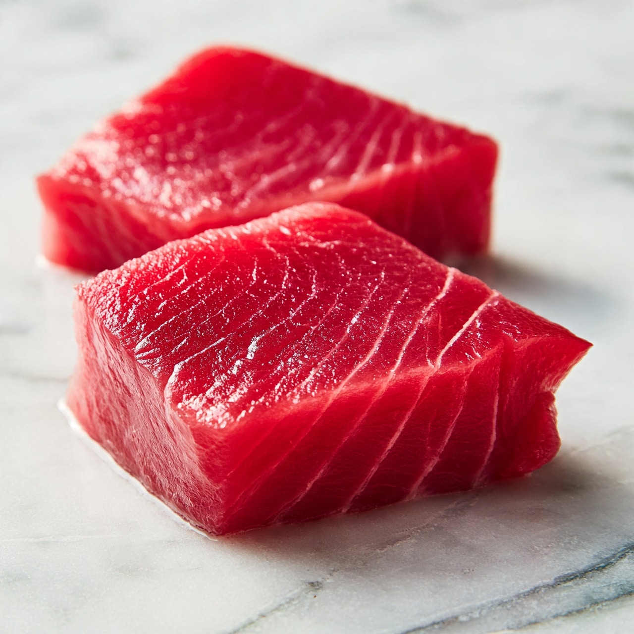 square image The image shows two thick slices of bright red raw fish placed on a white marbled surface. Each slice has visible fine white lines running through the flesh, showing the texture and grain of the fish. The piece closer to the front has a slightly lifted corner, revealing its fresh and moist inside. The lighting emphasizes the glossy and smooth surface of the fish, highlighting the rich color and natural pattern. Photo taken with an iphone --ar 4:5 --v 7