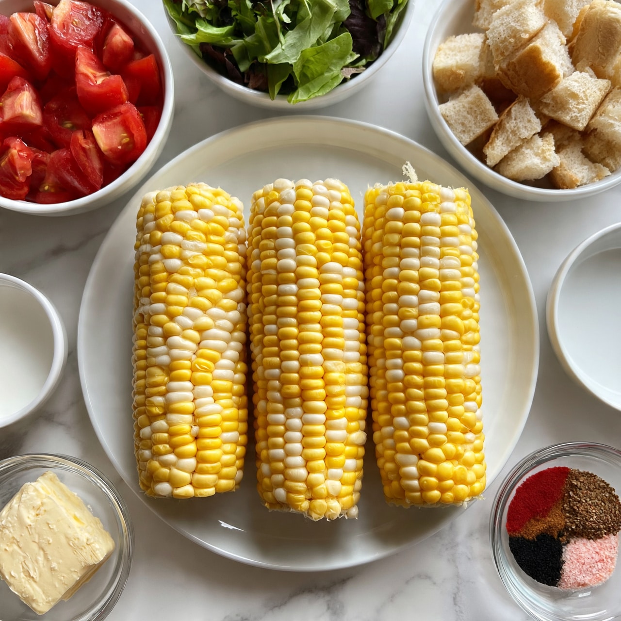 square image The image shows three yellow and white corn cobs placed side by side on a white plate in the center. Around the plate, there are small bowls: one with red tomato halves, another with mixed green leafy salad, one holding cubed bread pieces, a glass bowl with a block of butter, a small white bowl containing white liquid, and a glass bowl with different colored spices arranged in sections, including red, brown, black, and pink. The whole setup is on a white marbled texture surface. Photo taken with an iphone --ar 4:5 --v 7