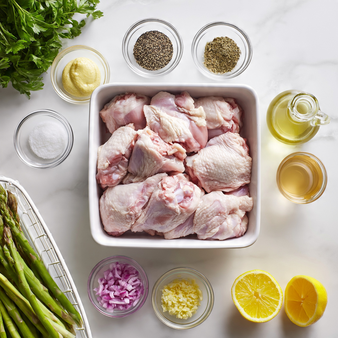 square image A top-down view of raw chicken pieces placed neatly in a white rectangular baking dish in the center. Around the dish, there are small clear bowls with different ingredients: pale yellow mustard, black pepper, dried herbs, white salt, finely chopped red onions, and minced garlic. To the right, there's a small glass jug of light golden oil and a small glass cup filled with a yellowish broth. At the bottom right, two halved bright yellow lemons are shown. On the left side, a white wire basket holds fresh green asparagus spears, and a bunch of fresh green parsley is placed at the top left corner. All items rest on a white marbled surface. Photo taken with an iphone --ar 4:5 --v 7
