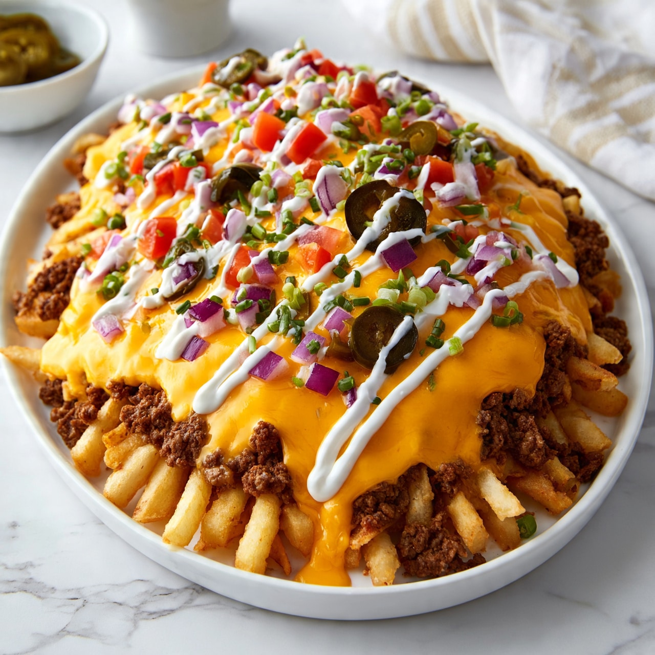 square image A white oval plate holds a layered dish starting with a base of golden French fries. On top of the fries is a layer of cooked ground meat, followed by a thick covering of bright orange melted cheese sauce. Scattered on the cheese layer are small cubes of red tomato, pieces of purple red onion, dark green sliced jalapenos, and chopped green onions. The entire dish is drizzled with white sour cream in thin diagonal lines. In the background, there is a small white bowl filled with more jalapeno slices, and a white and beige striped cloth is partially visible on a white marbled surface. photo taken with an iphone --ar 4:5 --v 7