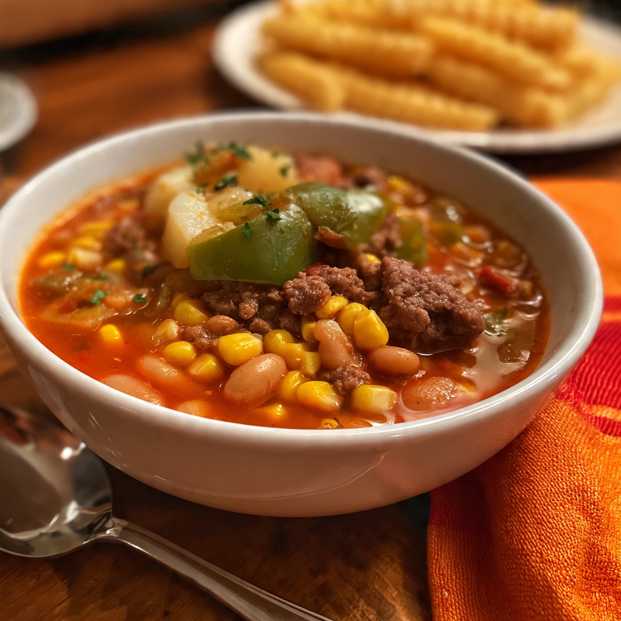 square image A white bowl filled with thick vegetable stew, showing three main layers: a red broth base, with yellow corn kernels and light brown beans, medium brown ground meat, and chunks of green bell pepper and pale potato near the top, garnished with small bits of green herbs; the bowl is set on a wooden table with a shiny spoon nearby, a white plate of golden crinkle fries is in the background, and an orange cloth with red stripes lies beside the bowl; photo taken with an iphone --ar 4:5 --v 7