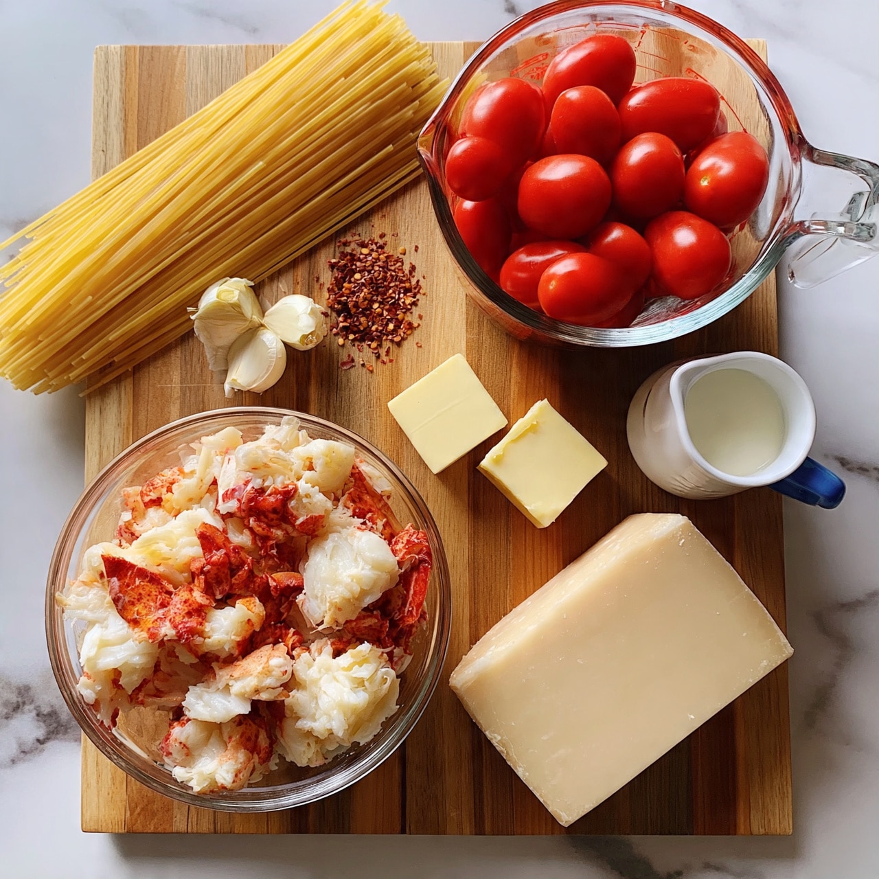 square image The image shows a wooden board on a white marbled surface with various cooking ingredients arranged neatly. There is a bundle of uncooked yellow spaghetti pasta placed on the top left, next to two cloves of garlic and some red pepper flakes. To the right, a glass measuring cup holds bright red cherry tomatoes. Below, a clear bowl contains cooked lobster meat with its pieces in white and reddish-orange colors. Also on the board are two small cubes of light yellow butter and a large wedge of hard cheese with a pale cream color. A small white pitcher with a blue handle contains cream, positioned near the right side. All the items are spread out clearly on the wooden board, photographed from above. Photo taken with an iphone --ar 4:5 --v 7