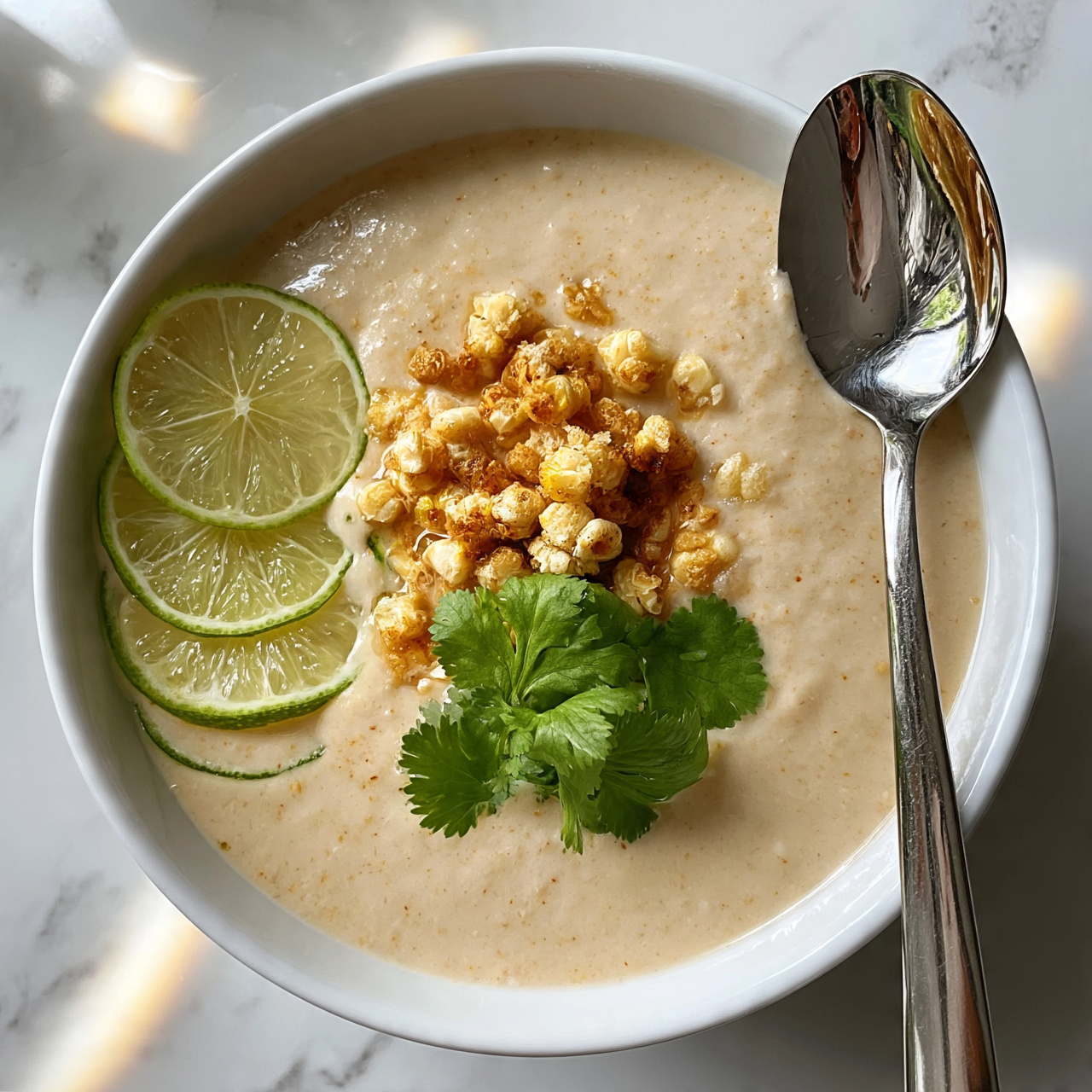 square image A white bowl holds a creamy soup with a light beige color, topped with crispy golden corn pieces scattered in the center. Thin slices of green lime fan out on one side of the bowl, partially resting on the soup surface. Fresh bright green cilantro leaves are placed in the middle, adding a pop of color. A silver spoon rests inside the bowl on the right side, its surface reflecting the soup’s creamy texture. The bowl is set on a white marbled surface with hints of soft light reflecting around it. Photo taken with an iphone --ar 4:5 --v 7