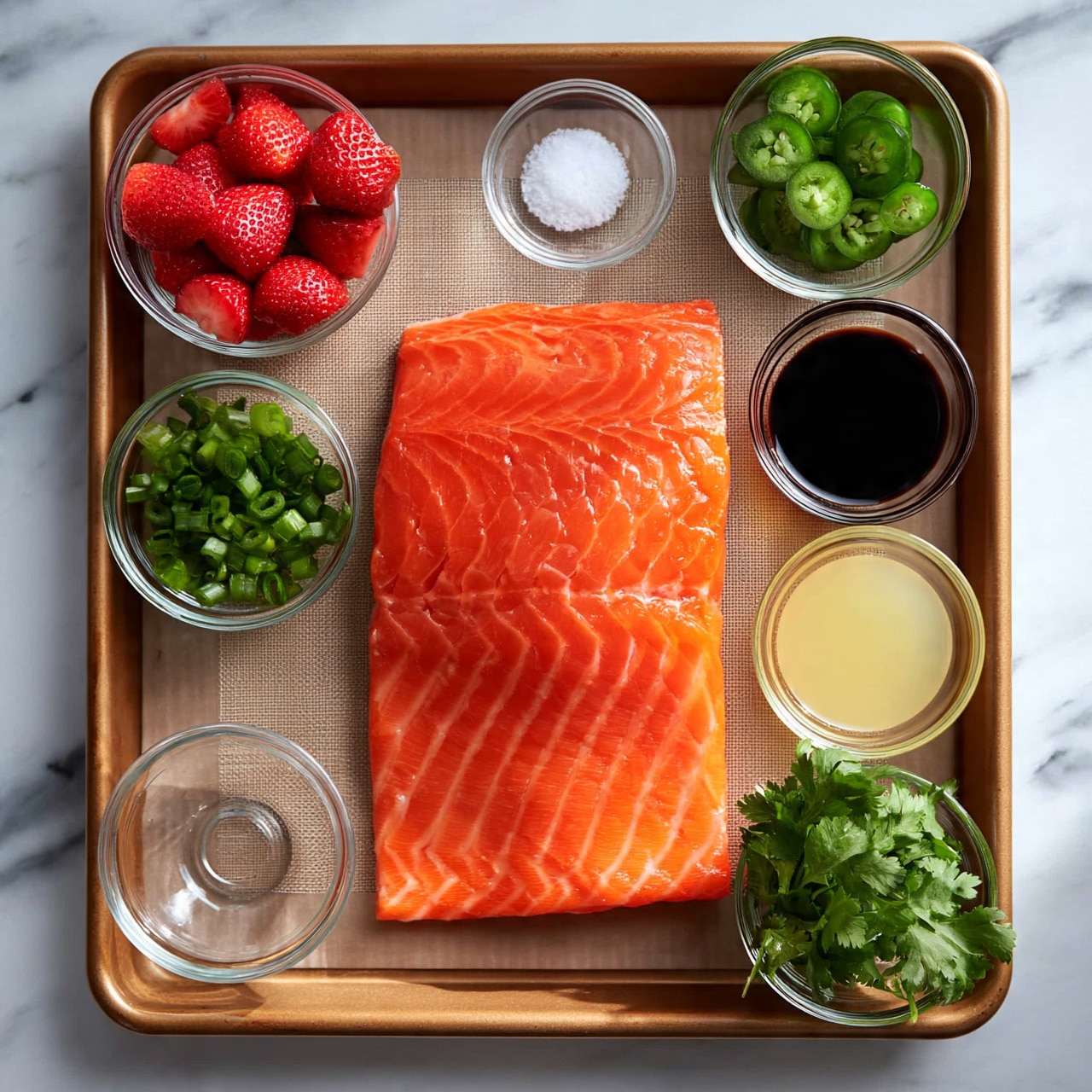 square image A large piece of bright orange raw salmon lies in the center of a brown baking tray with a textured paper liner. Around the salmon, there are six small clear glass bowls arranged evenly: the top left bowl is filled with fresh red strawberries, below it is a bowl of chopped green onions, followed by a small bowl of white salt. On the top right, there is a bowl with sliced green jalapeños, under it a bowl with dark soy sauce, and at the bottom right, two bowls hold pale yellow lemon juice and fresh green cilantro leaves respectively. The baking tray is placed on a white marbled surface. photo taken with an iphone --ar 4:5 --v 7