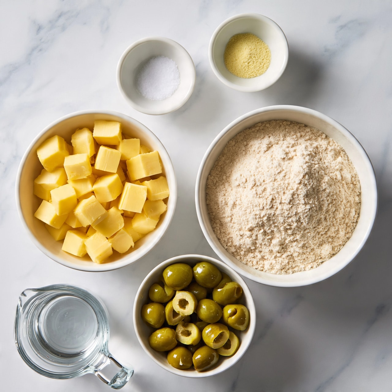 square image The image shows five white bowls and a clear glass measuring cup arranged on a white marbled surface. In the largest bowl, there is a light beige flour with a soft, powdery texture filling the bowl. One medium bowl contains solid yellow cheese cubes with a smooth texture evenly spread inside. Another medium bowl holds green olives with a shiny surface, some whole and some sliced into rings. Two small white bowls sit above, one with fine white salt and the other with light yellow powder, likely a spice. The clear glass measuring cup holds clean water and is placed to the bottom left. All items are arranged neatly with good lighting. Photo taken with an iphone --ar 4:5 --v 7