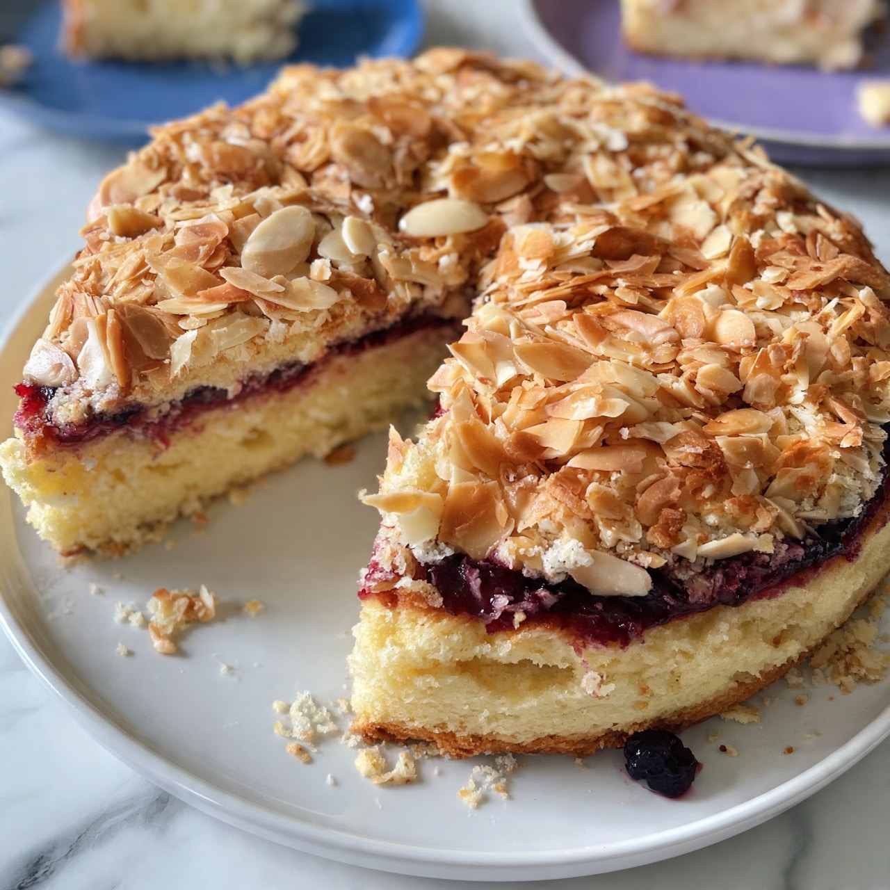 square image A round cake with three layers is shown on a white plate over a white marbled surface. The bottom layer is thick, light yellow, and soft with a slightly crumbly texture. Above it is a thin, dark purple fruit layer that looks juicy and spread unevenly. The top layer is covered with a generous amount of light brown, toasted almond slivers spread all over the cake. A wedge of the cake is removed, showing the inside texture and layers clearly. There are some crumbs and a single dark berry on the plate near the cake. In the background, parts of blue and purple plates with cake slices are faintly visible but out of focus. photo taken with an iphone --ar 4:5 --v 7