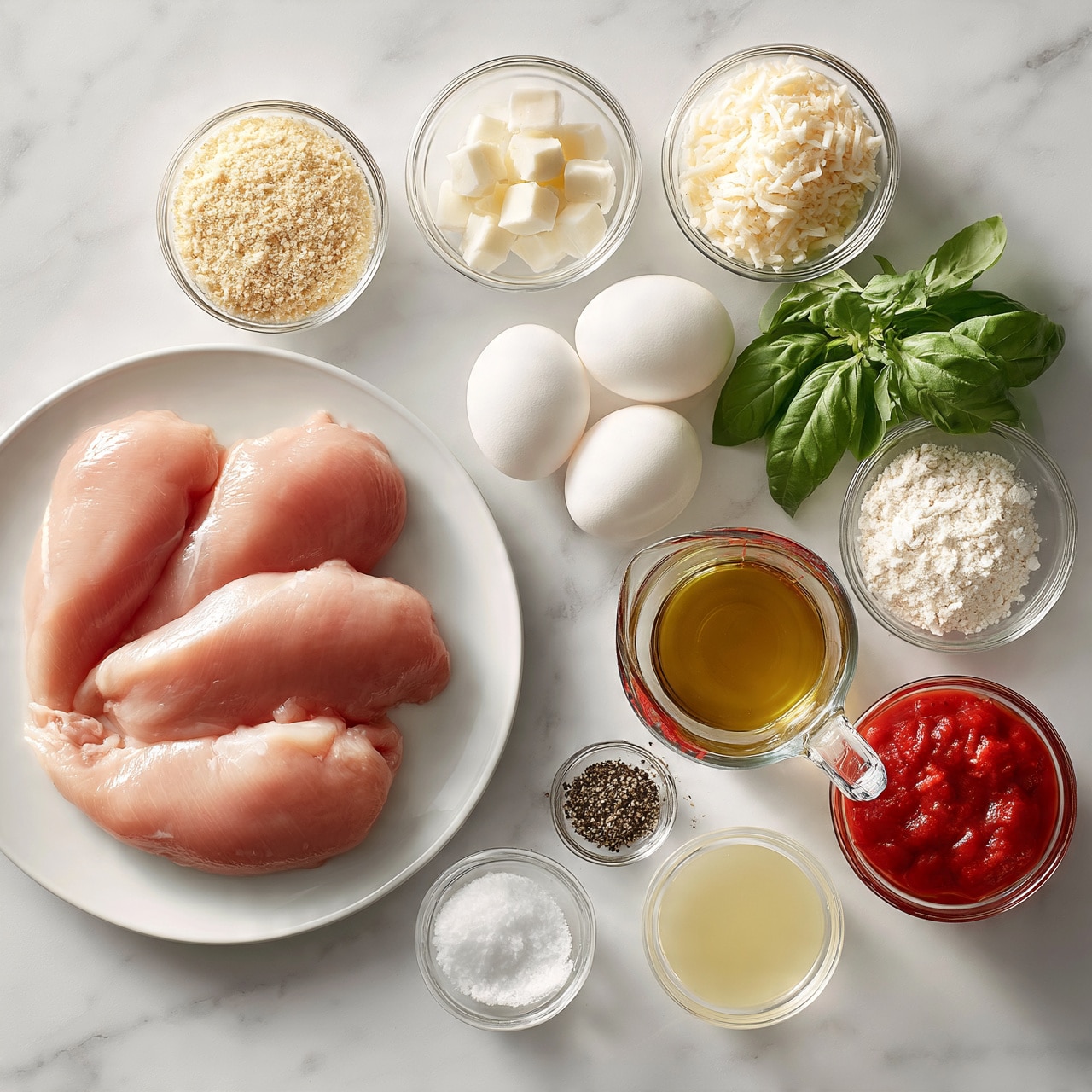square image The image shows raw cooking ingredients arranged neatly on a white marbled surface. On the left, a white plate holds four raw chicken pieces with a pale pink color and smooth texture. Surrounding the plate are small clear glass bowls containing different ingredients: light beige breadcrumbs, grated pale yellow cheese, shredded white cheese, and small white cheese cubes. There are also two white eggs in a glass bowl, a bunch of fresh green basil leaves, and a small bowl of black pepper. A small bowl of white flour and a small bowl of salt are also included. There is a clear glass measuring cup filled with golden oil and a small bowl with red tomato sauce, along with a tiny bowl of light yellow liquid. Everything is placed on a clean white marbled surface in a well-lit setting. Photo taken with an iphone --ar 4:5 --v 7