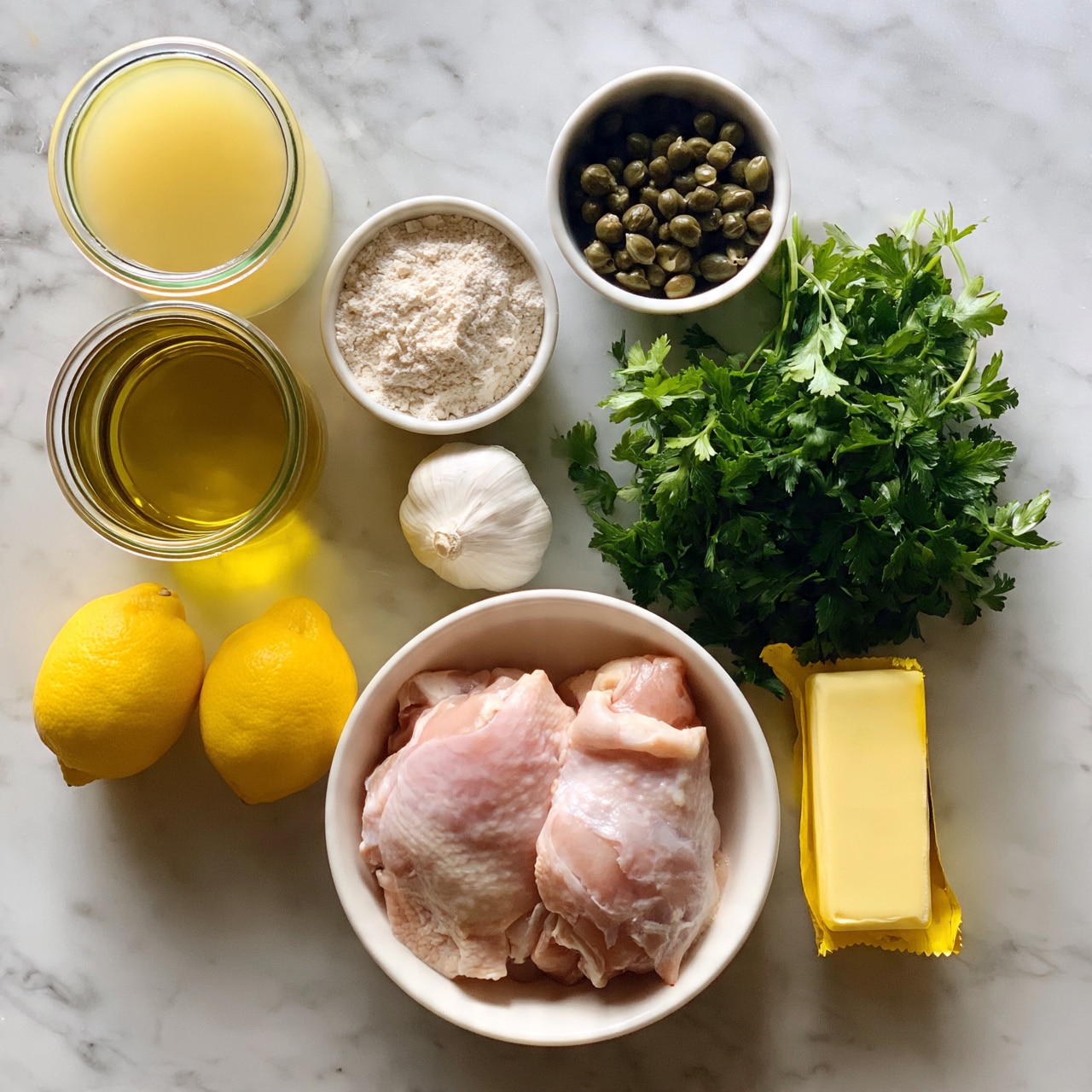 square image The image shows a wooden board with an arrangement of cooking ingredients. At the center bottom, there is a white bowl holding two raw, pale pink chicken pieces. To the right of the chicken bowl, there is a stick of butter in yellow packaging. Above the chicken, a bunch of fresh green parsley lies on the white marbled surface. To its left are two bright yellow lemons. Next to the lemons, a small white bowl contains a light floury powder. Above it, another small white bowl has round dark green capers. To the left of the capers, a glass container filled with golden olive oil is placed, and next to it is another glass container with light yellow chicken broth. A white bulb of garlic is positioned between the bowl of flour and the parsley. The overall setup is neat and clear, on a white marbled texture background, photo taken with an iphone --ar 4:5 --v 7