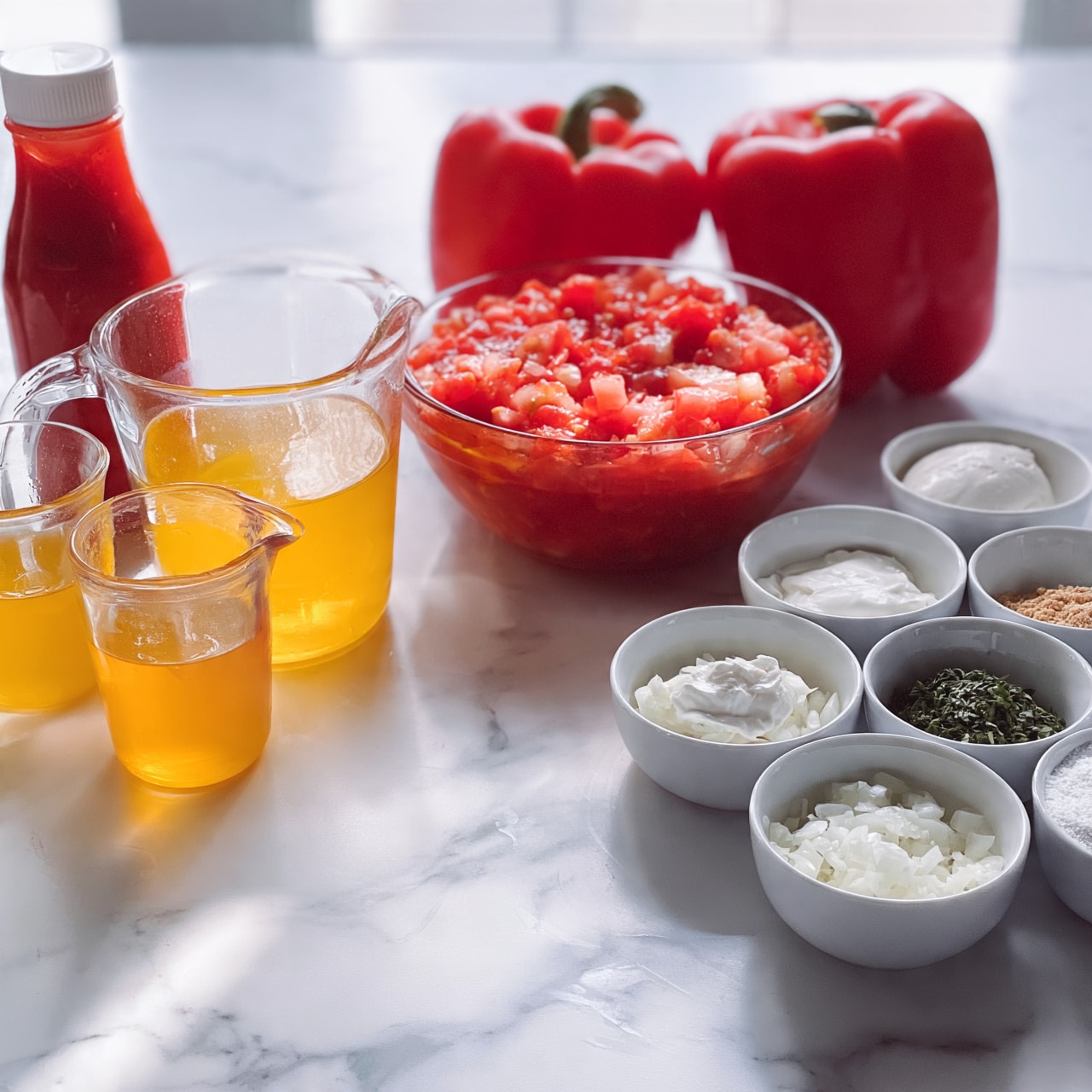 square image The image shows a white marbled surface with ingredients for cooking neatly placed. At the back, there are two whole bright red bell peppers next to a round clear glass bowl filled with a chunky tomato mixture with red and light pink pieces. To the left, a small bottle of red sauce stands beside a large clear glass measuring cup with yellow broth and a smaller matching cup with the same yellow liquid. On the right side, several small white bowls hold different ingredients, including chopped white onions, white cream, finely chopped herbs, and light brown and white powders. The colors are bright and fresh, arranged in a clean and organized way. photo taken with an iphone --ar 4:5 --v 7