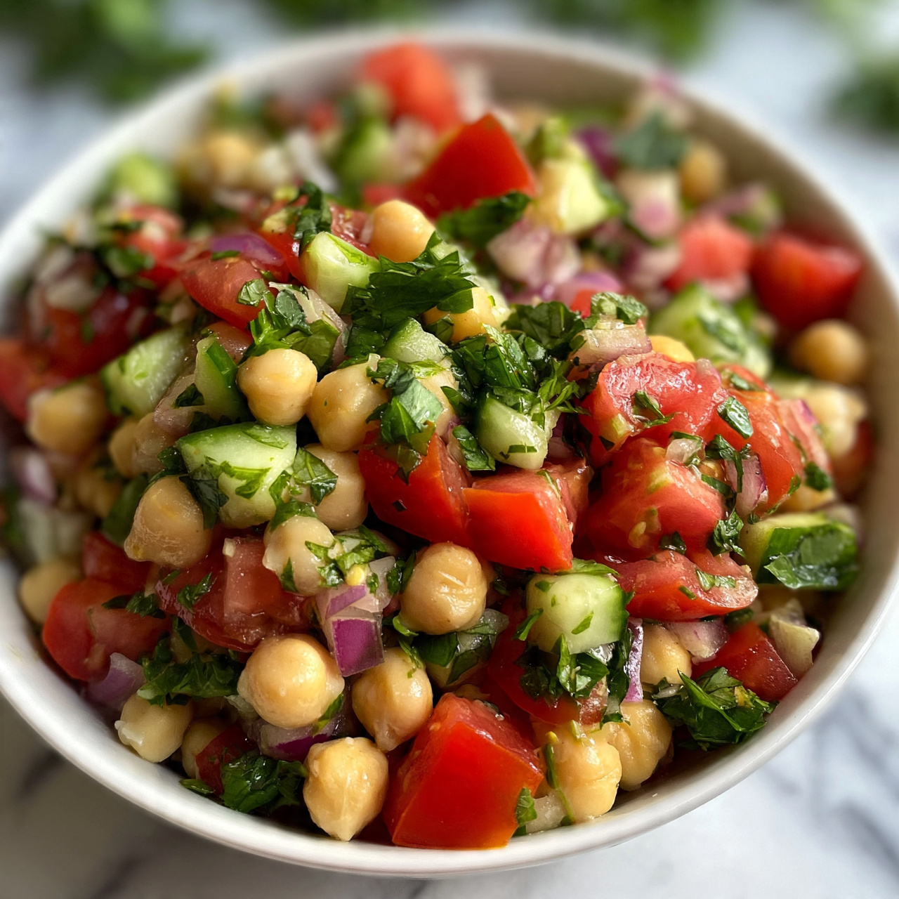 square image The image shows a close-up of a bowl filled with a colorful chickpea salad. The salad has layers of pale creamy chickpeas scattered throughout, chopped bright red tomatoes, small green cucumber chunks with a crisp texture, and bits of purple onion. These are mixed with fresh chopped green herbs, adding a slight touch of freshness and color. The bowl is white and sits on a white marbled surface, with some green herbs partially blurred in the background. photo taken with an iphone --ar 4:5 --v 7