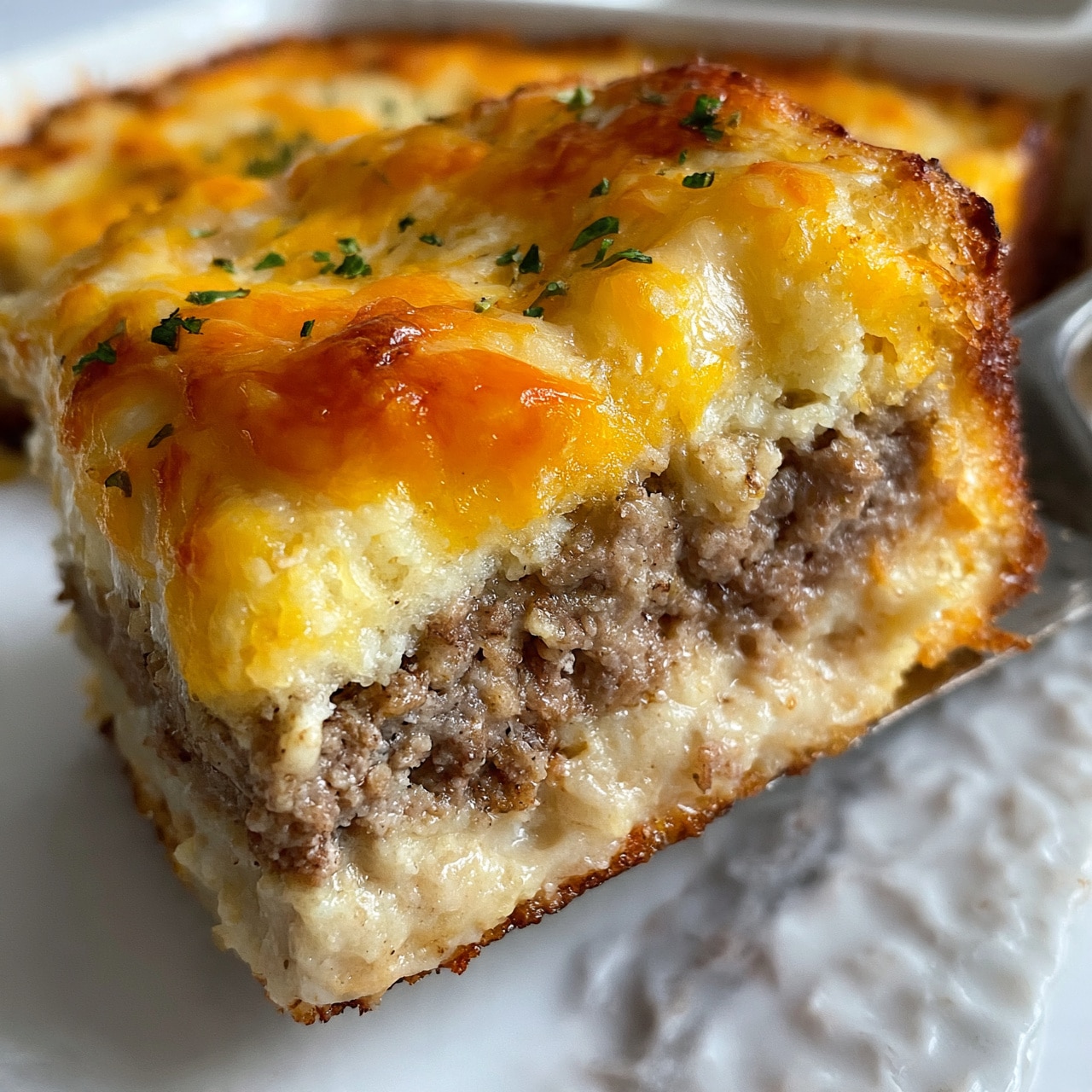 square image The image shows a close-up of a piece of baked casserole being lifted with a spatula. The casserole has three visible layers: the bottom layer is a light beige creamy mixture, the middle layer appears to have ground meat with a brownish texture, and the top layer is melted golden-yellow cheese with some hints of orange. Small green herbs are scattered lightly on the surface. The background is a white marbled texture. photo taken with an iphone --ar 4:5 --v 7